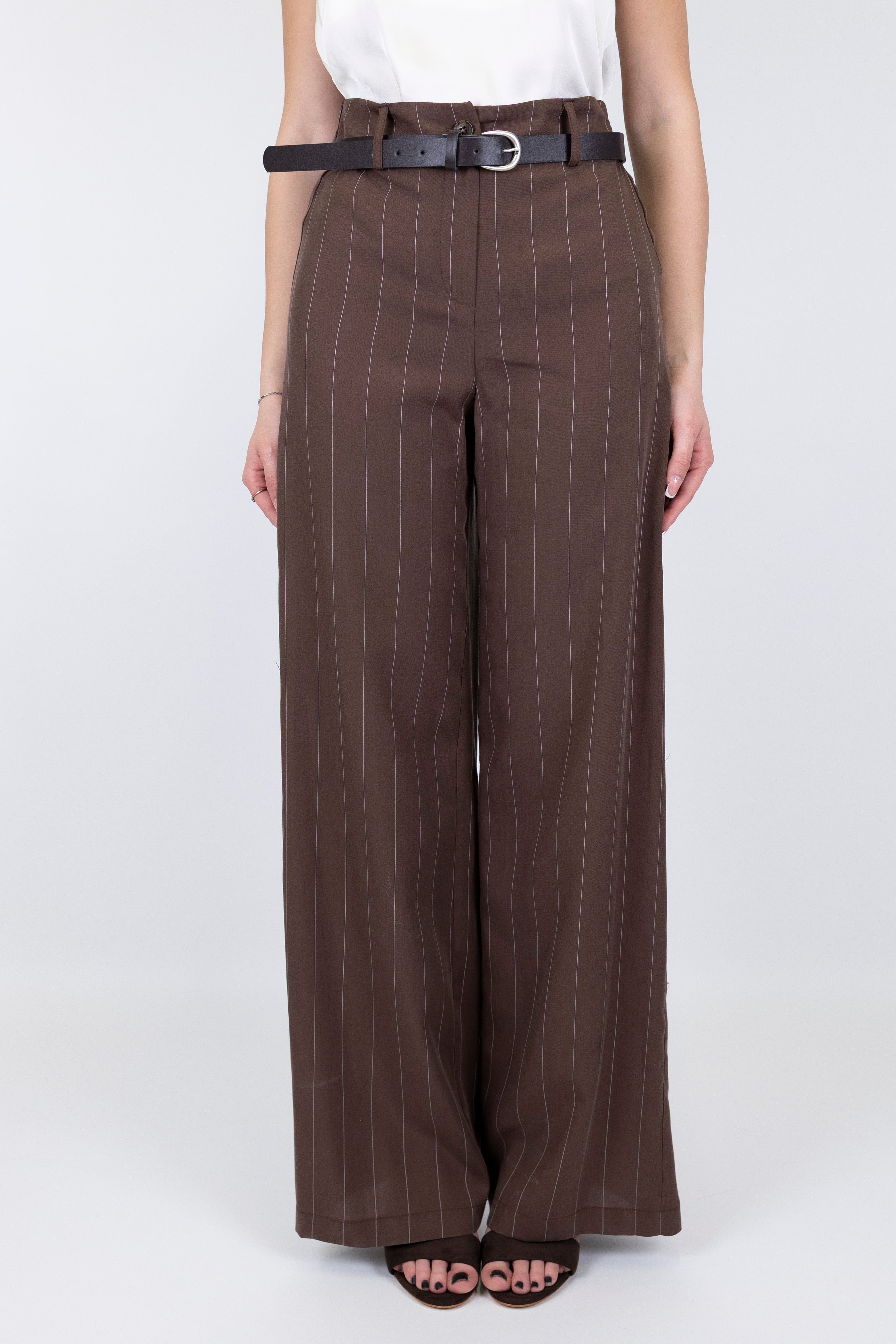 Haveone - Pantalone palazzo gessato in lyocell con elastico sul retro