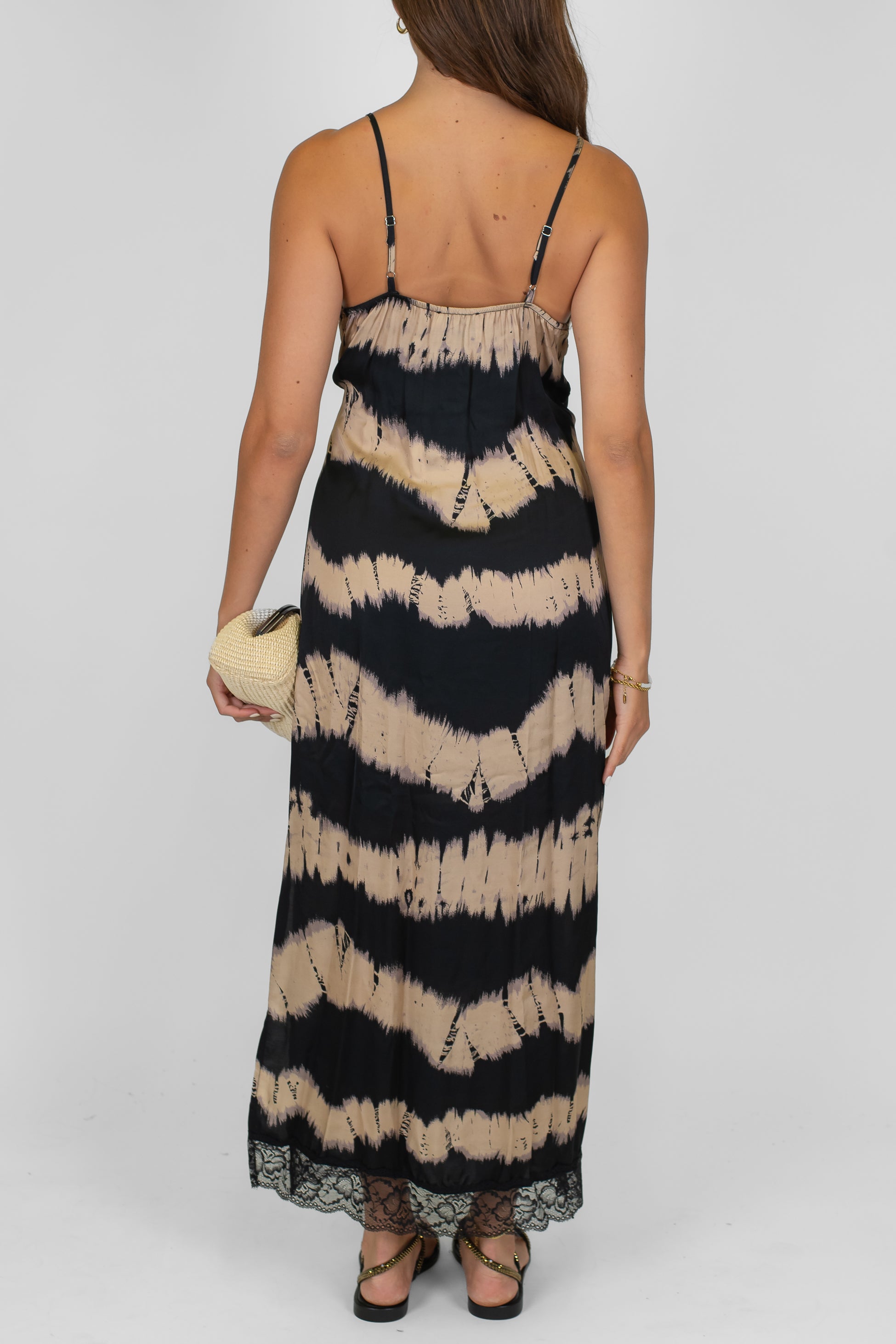 Dixie - Abito lungo con bretelline fantasia astratta in viscosa con pizzo sul fondo