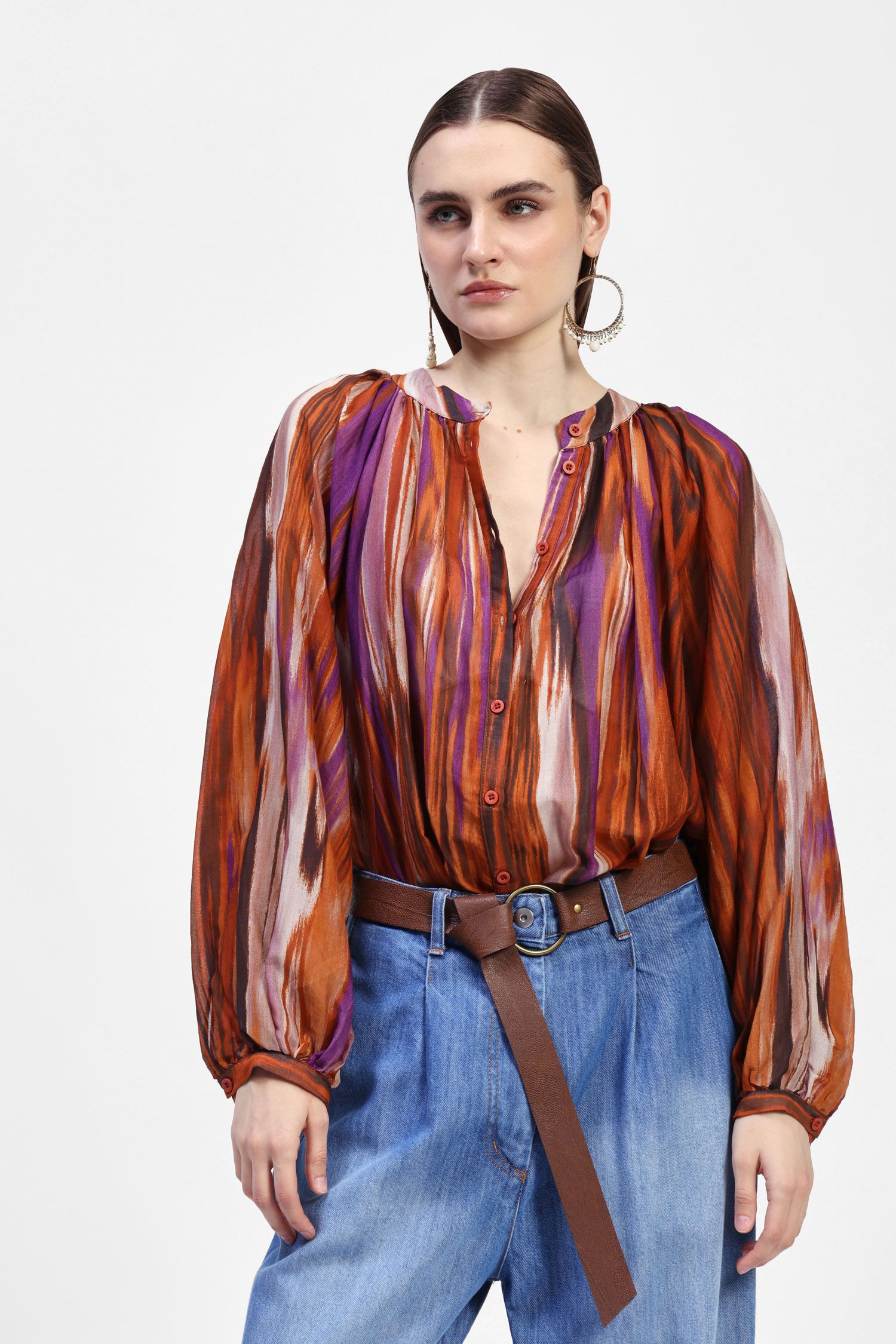 Dixie - Camicia collo coreano multicolor in misto seta