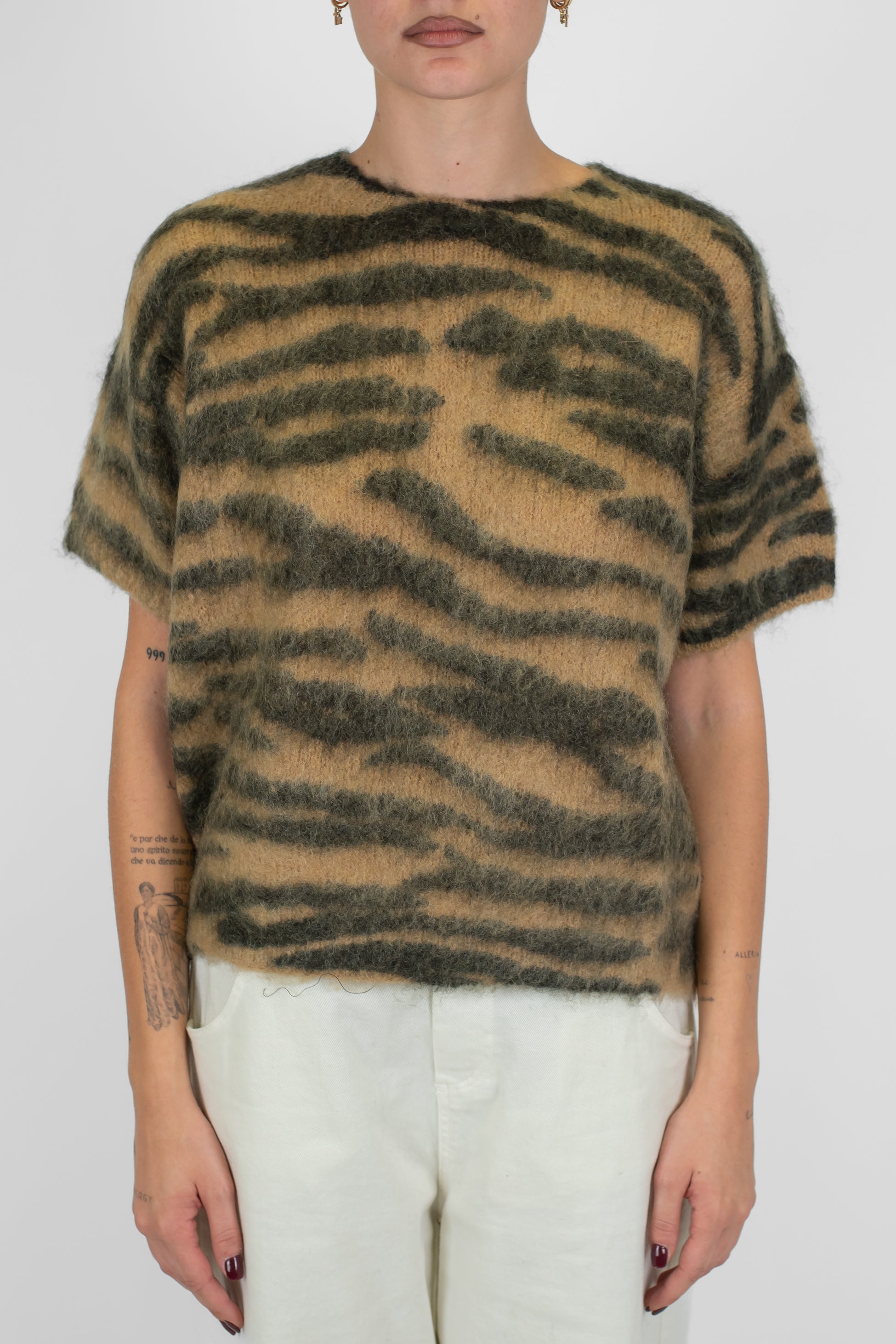 Tensione in - Maglia mezzamanica fantasia animalier zebrata in misto lana mohair