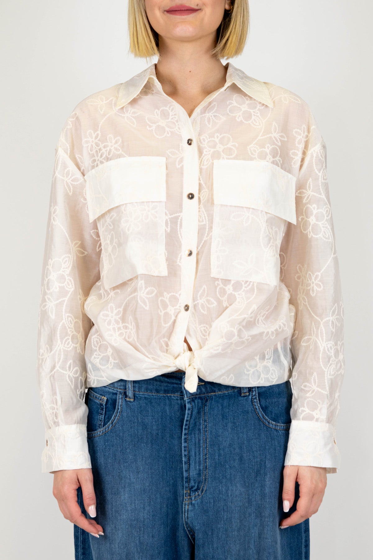 Motel - Camicia in tencel con ricami floreali e tasconi sul petto