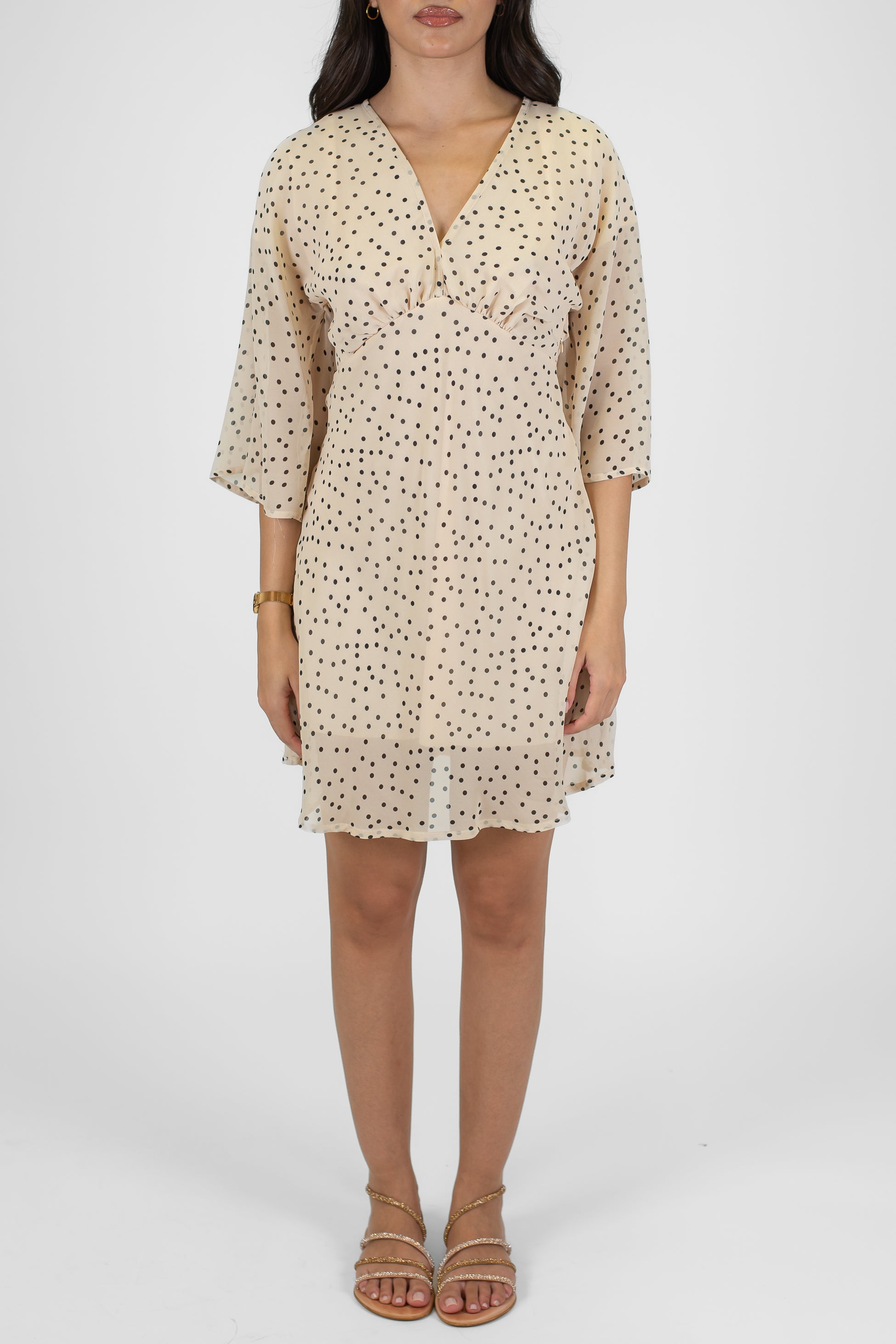 Tensione in - Abito corto fantasia pois con scollo a V e manica tre quarti