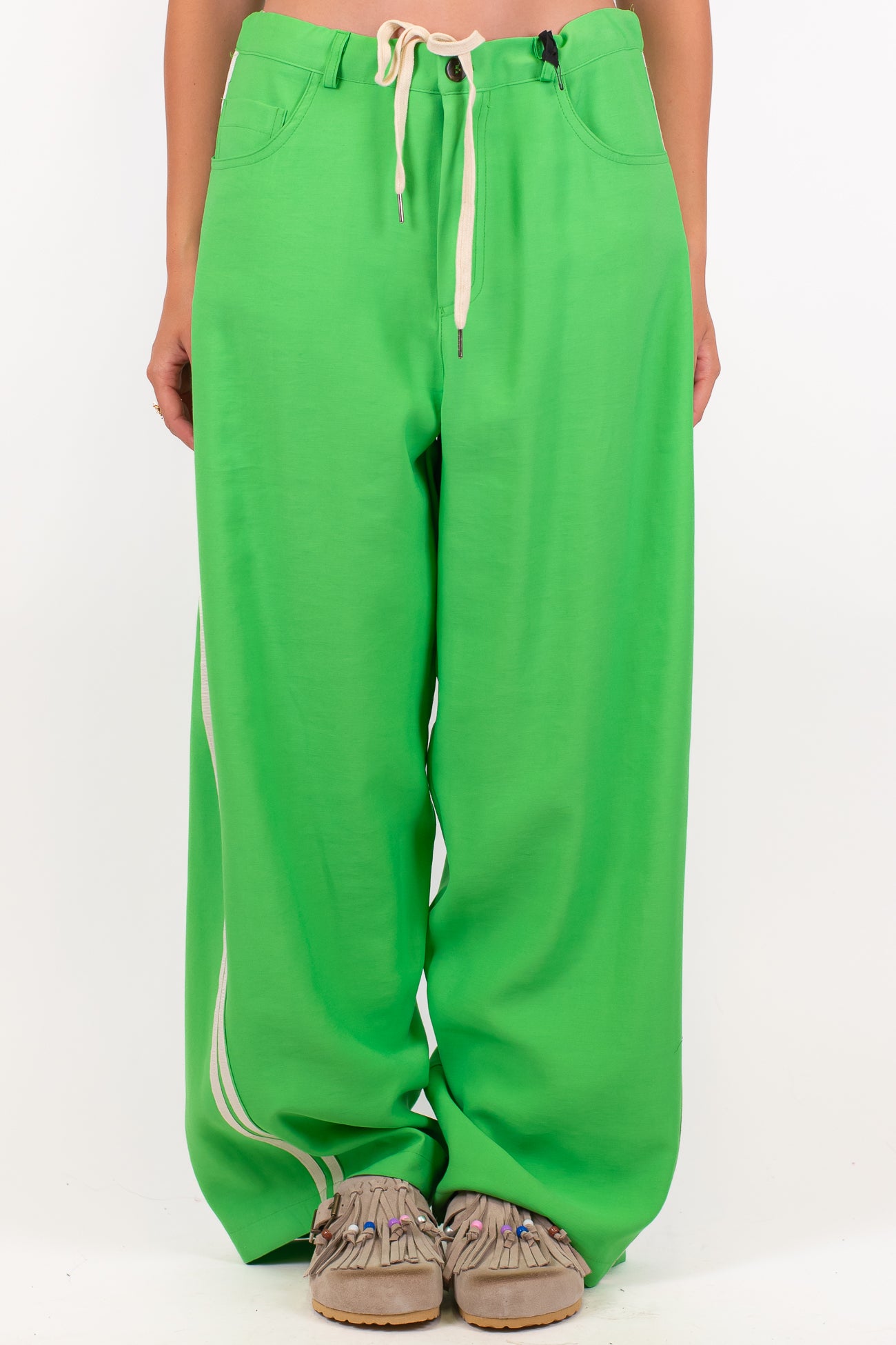 Maryley - Pantalone palazzo in viscosa leggera con coulisse e bande laterali a contrasto