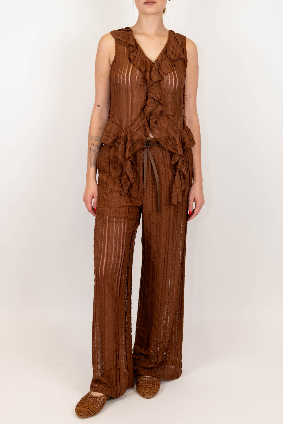 Motel - Pantalone palazzo a righe ricamate con elastico in vita