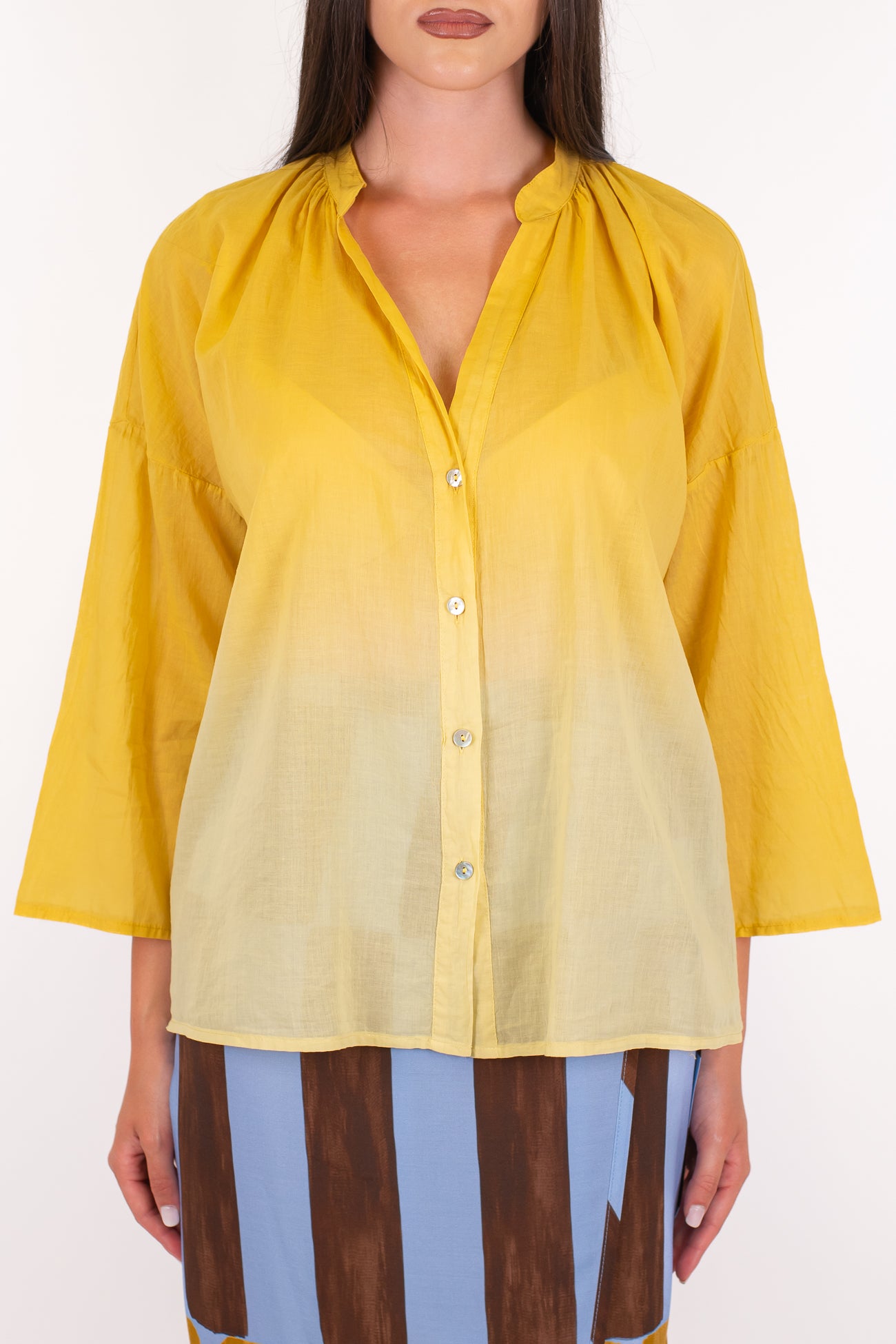 Haveone - Camicia fantasia sfumata in musssola di cotone con collo coreano e manicha tre quarti