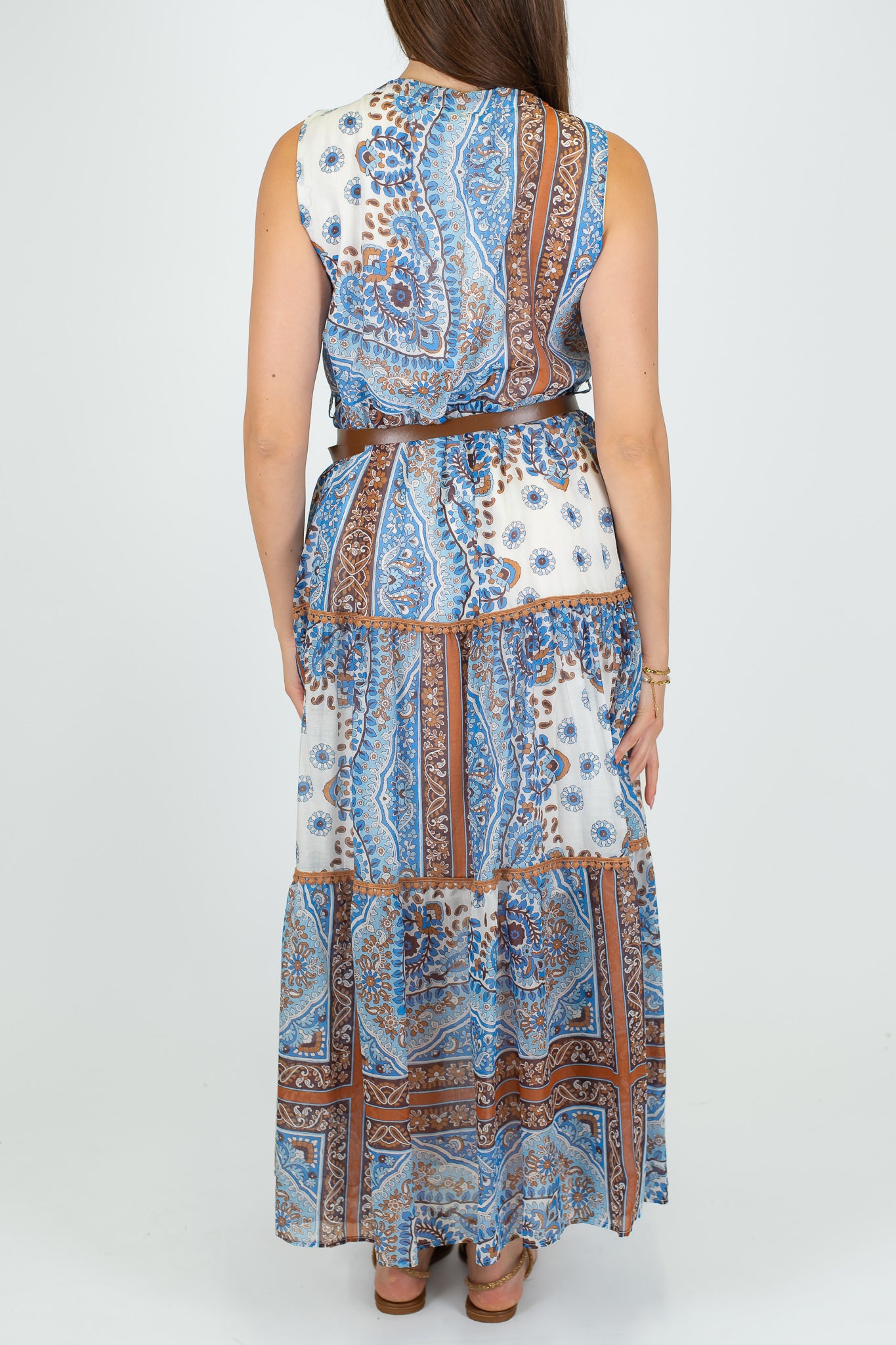 Motel - Abito lungo giromaniche fantasia con dettagli crochet in lyocell