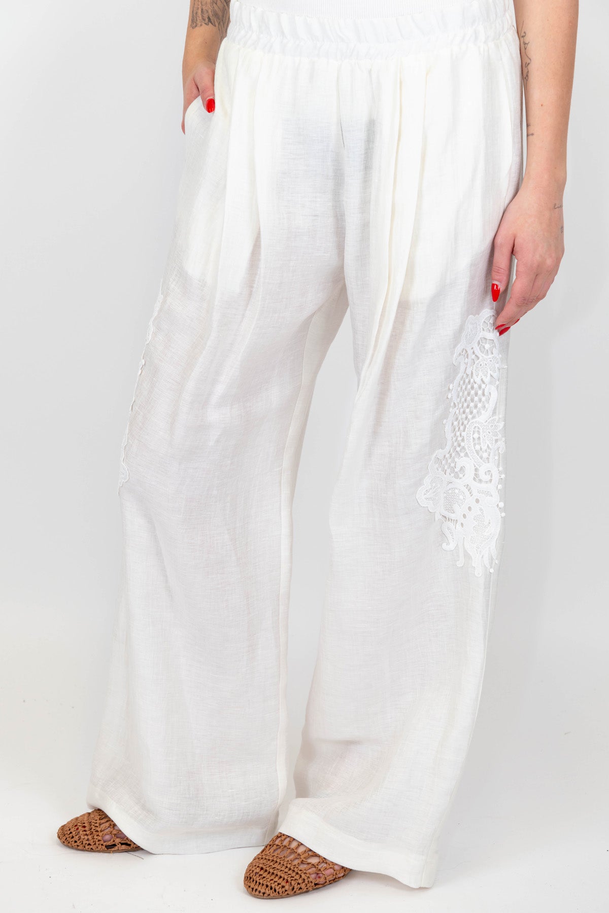Maryley - Pantalone palazzo in lino con ricami ed elastico in vita