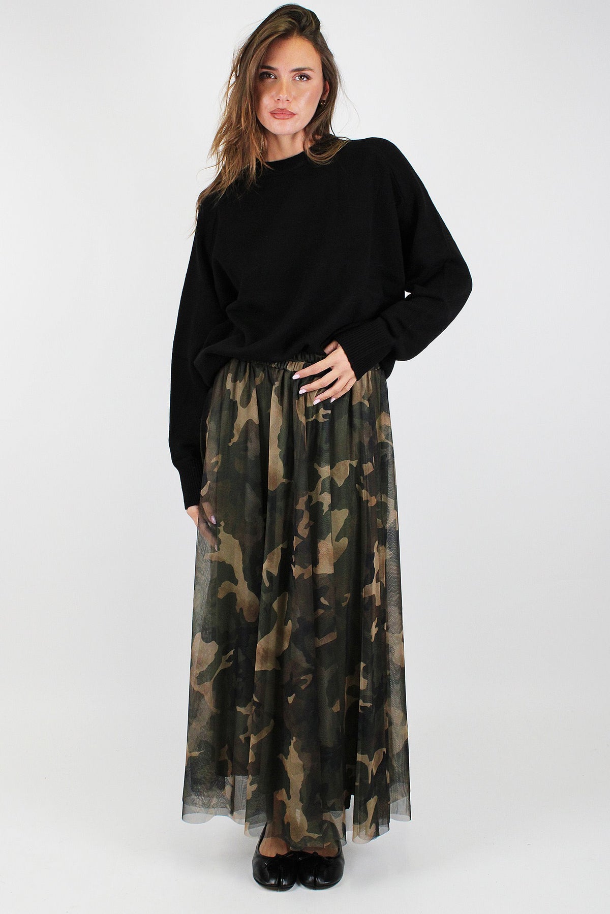 Tensione in - Gonna in tulle fantasia camouflage con elastico in vita