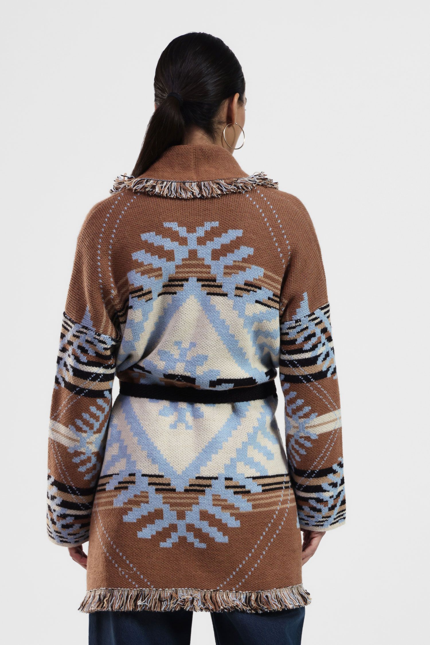 Dixie - Cardigan fantasia in misto lana con profilo nappine e cintura in tessuto