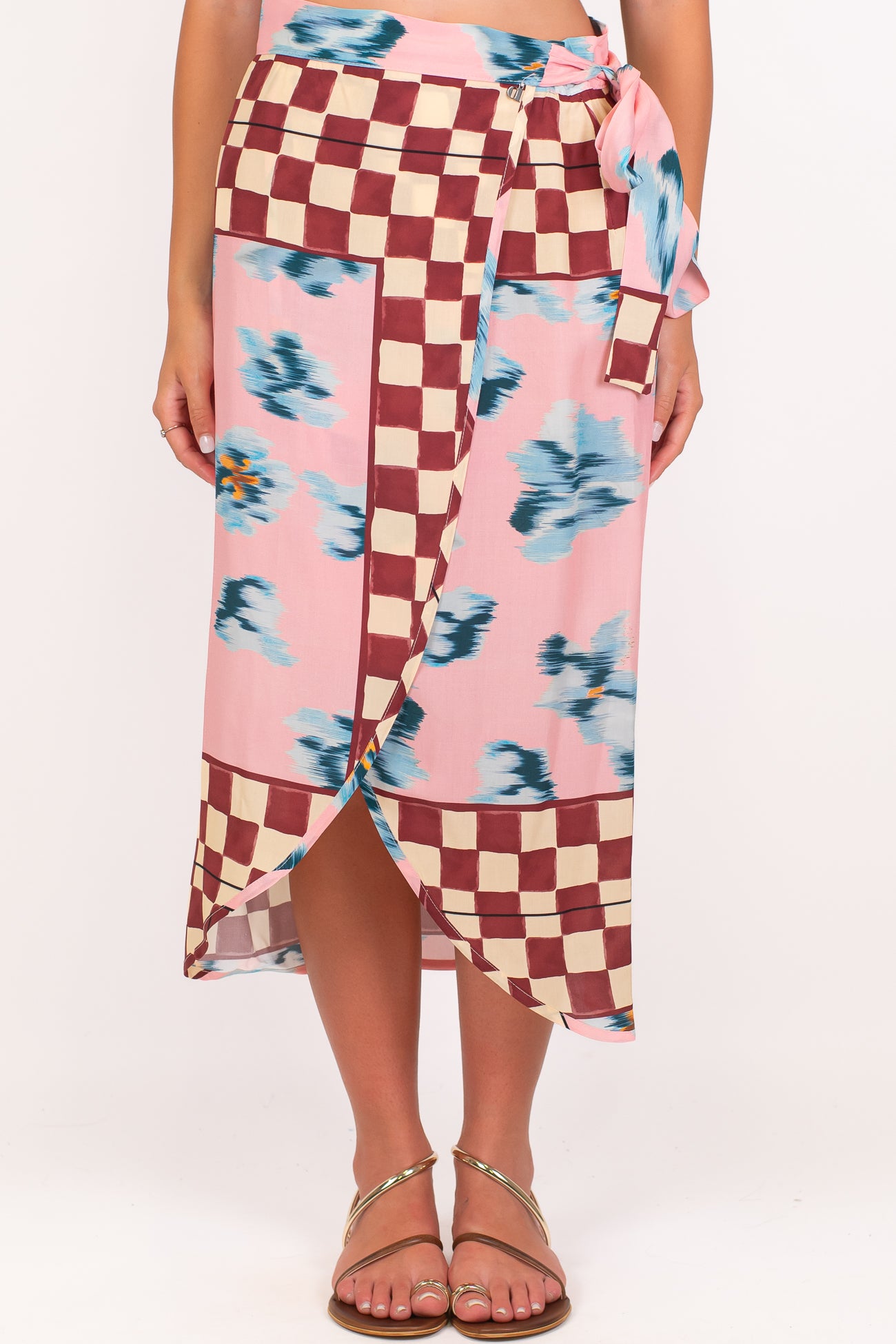 Dixie - Gonna pareo fantasia floreale astratta con profili check a contrasto