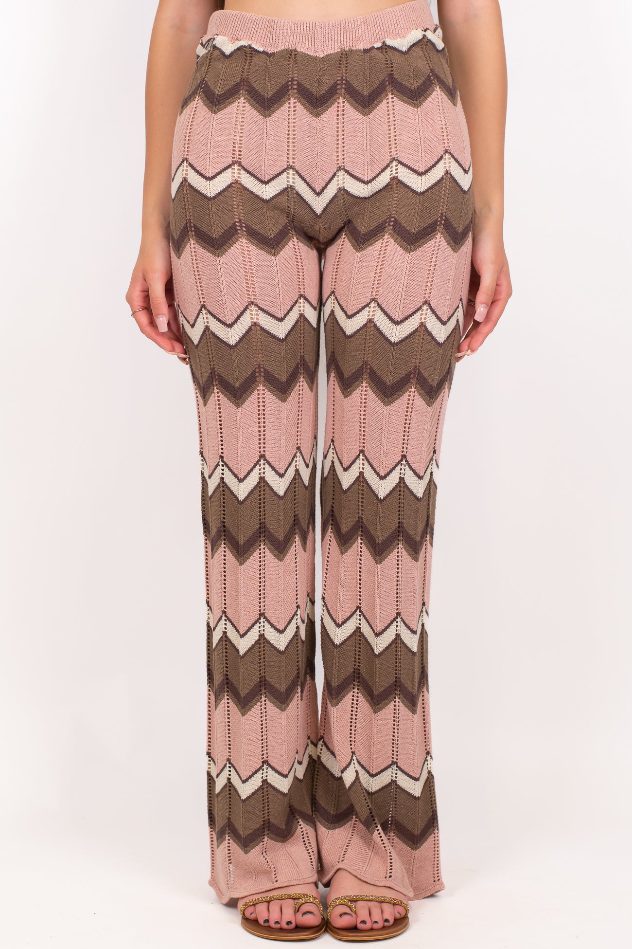Dixie - Pantalone a zampa fantasia zig zag in maglia lavorata e traforata con elastico in vita