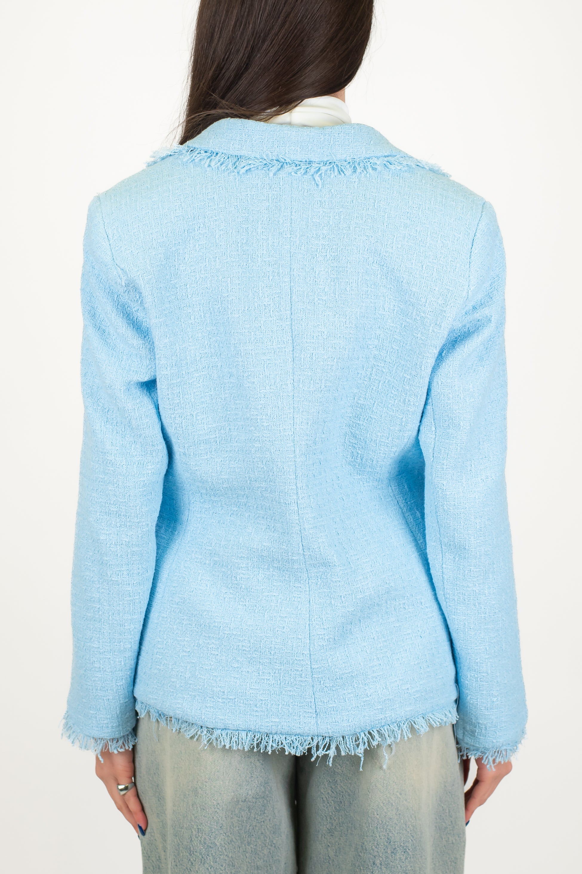 Tensione in - Giacca monopetto in tweed con profilo frange