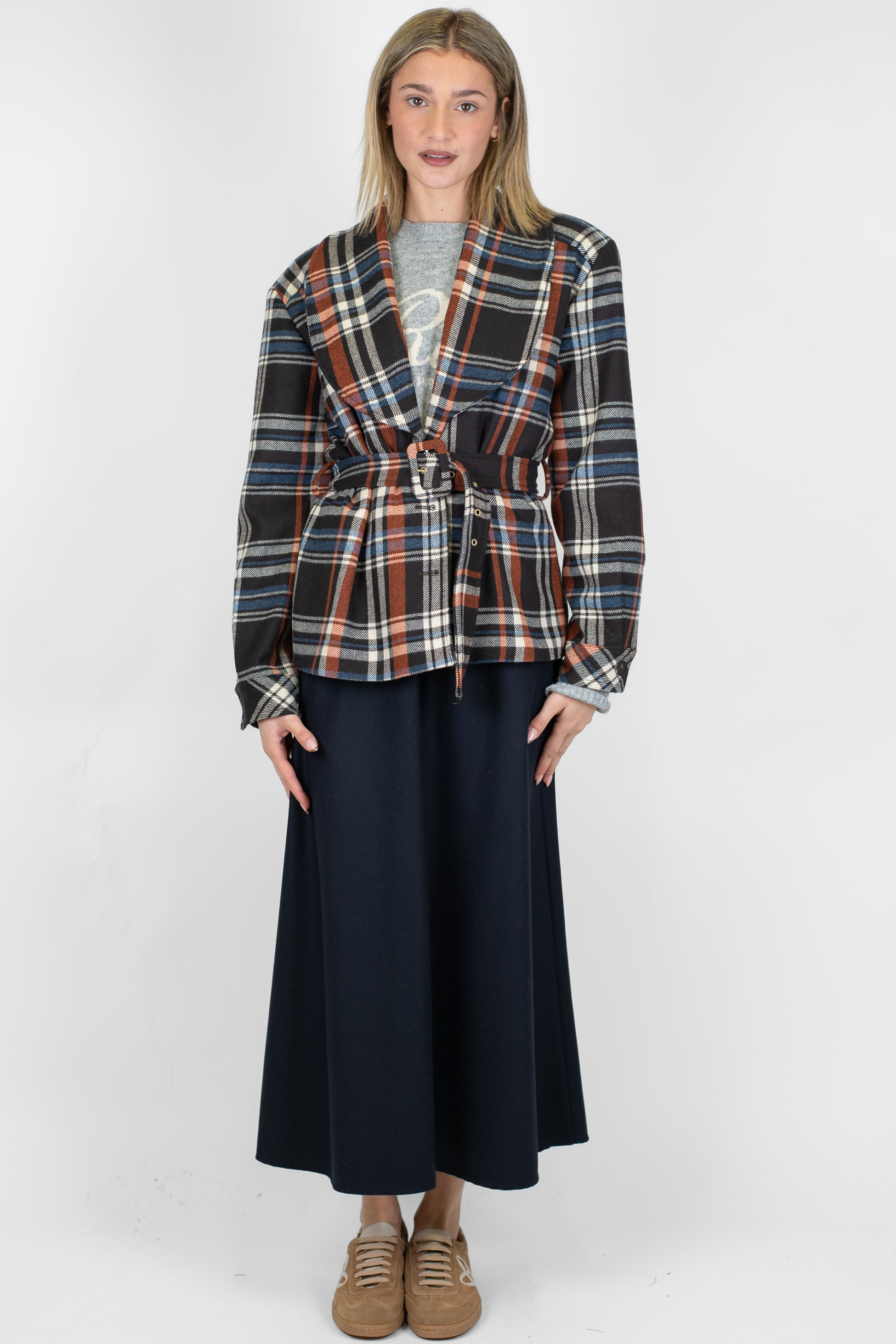 Tensione in - Giacca fantasia quadri in misto lana con cintura in tessuto