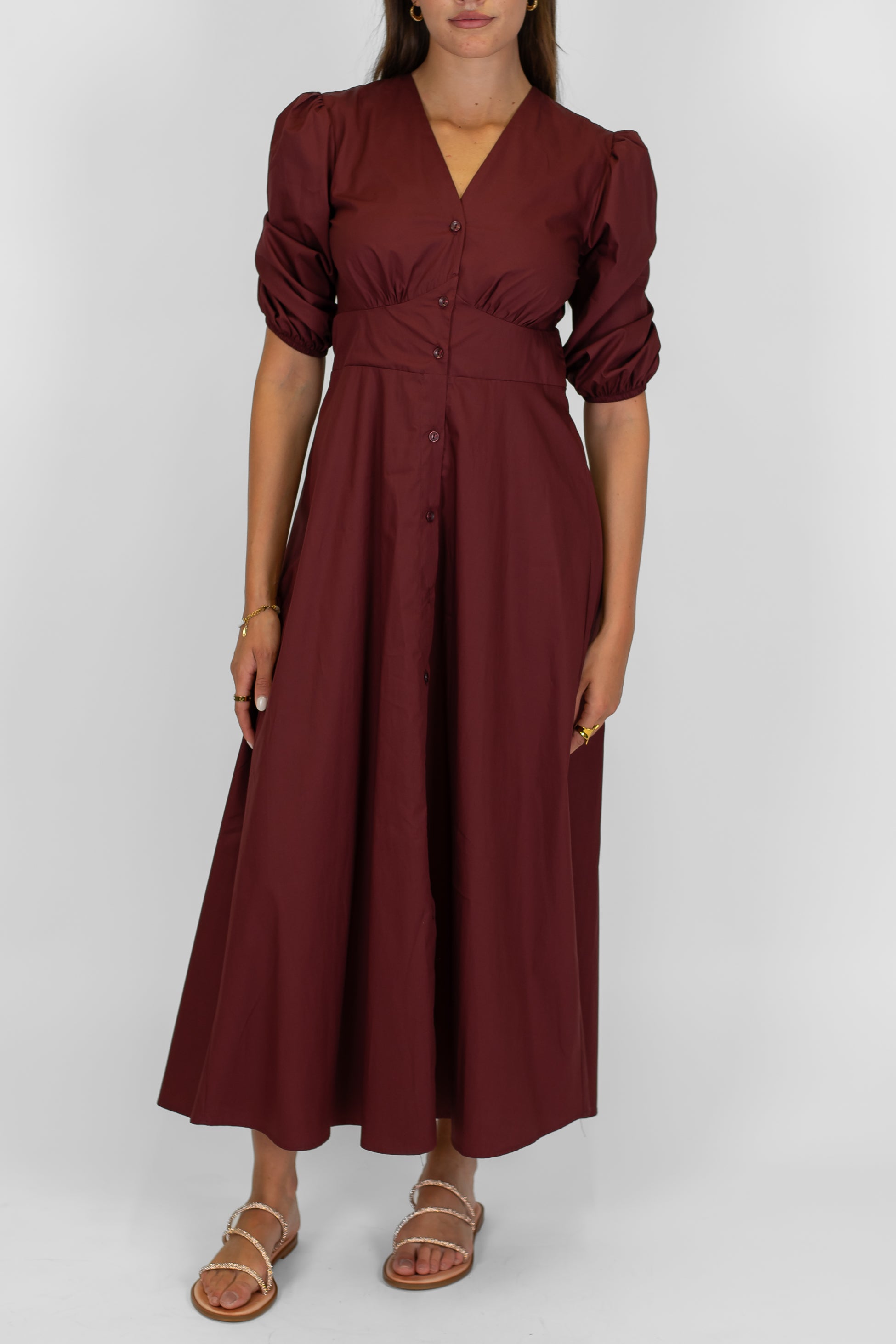 Tensione in - Abito lungo in cotone scollo v con bottoncini