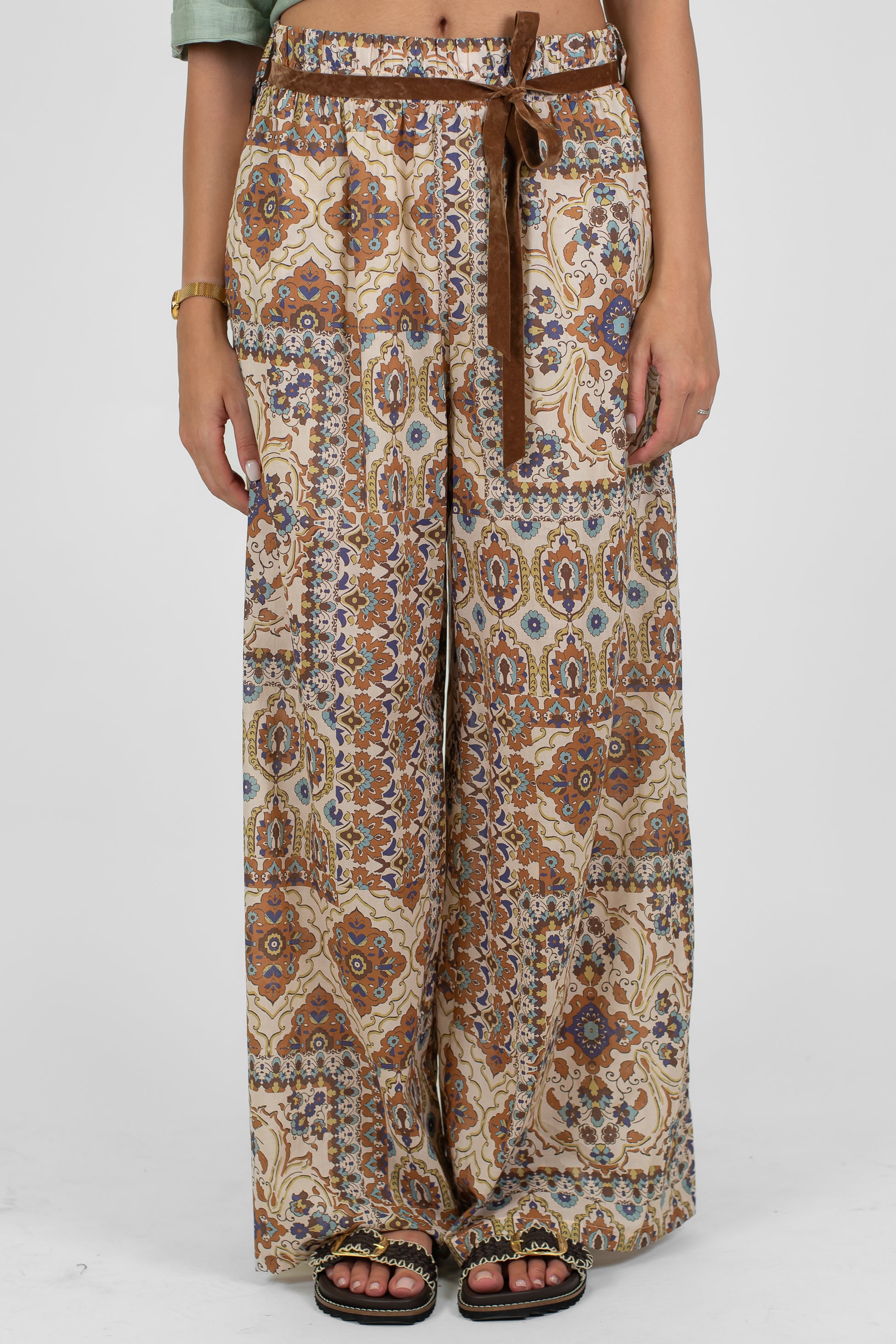 Tensione in - Pantalone palazzo fantasia astratta in mussola di cotone con elastico in vita