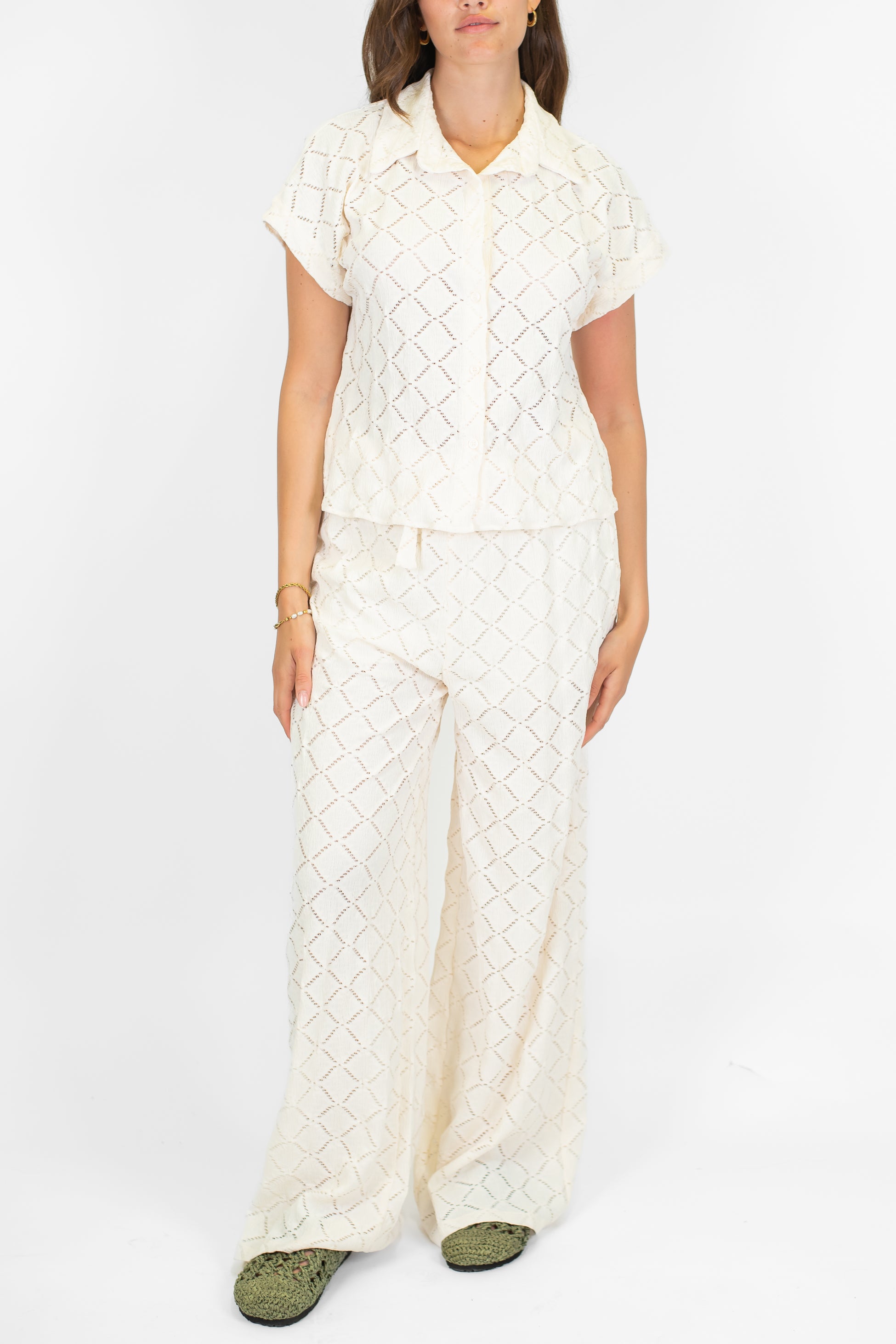 Haveone - Pantalone palazzo ricamato in pizzo con coulisse