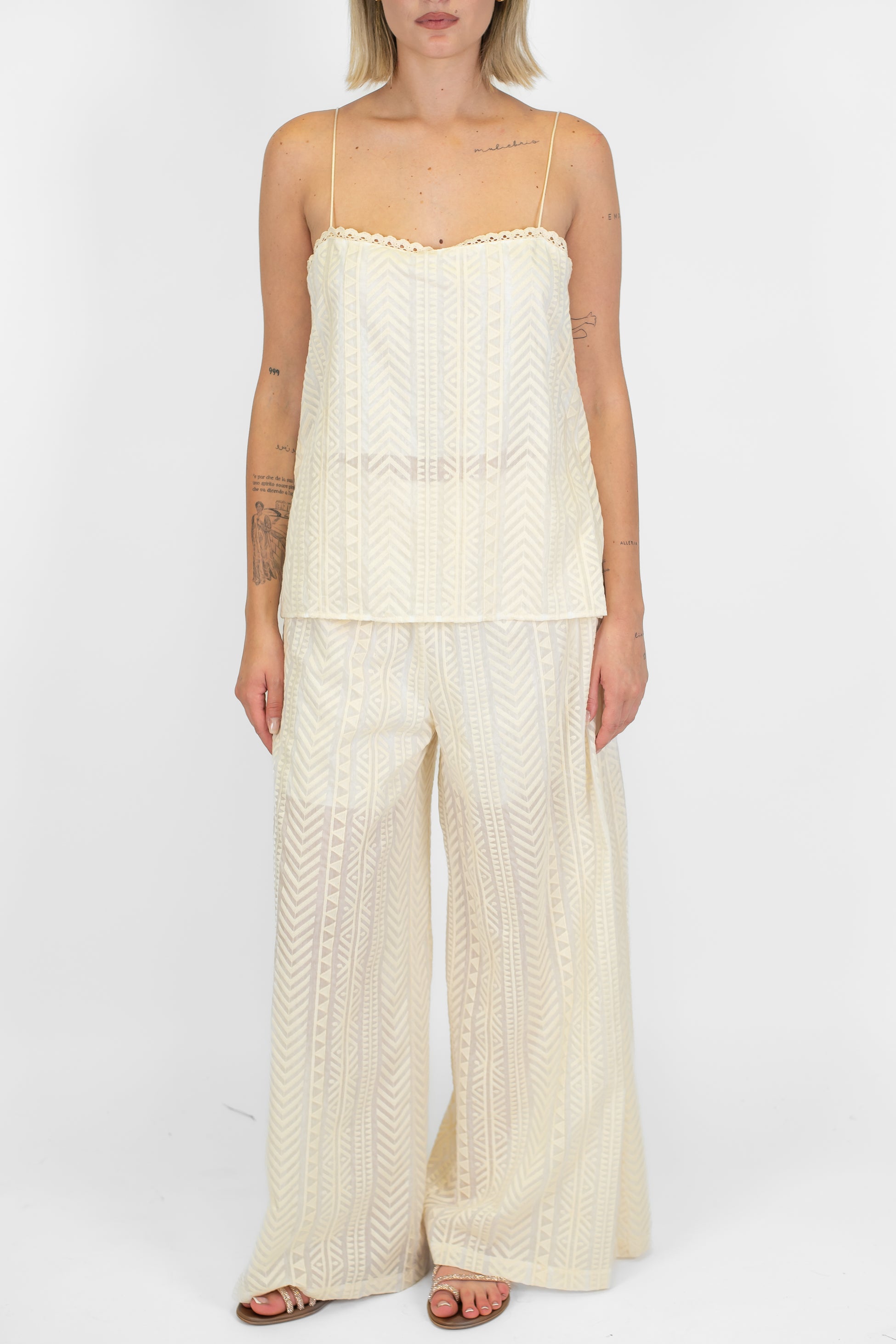 Tensione in - Pantalone palazzo fantasia zig zag in mussola di cotone e seta con elastico in vita