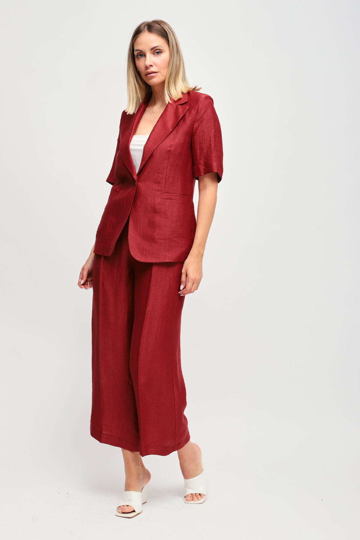 Mryley - Pantalone regular in lino con ricami ed elastico in vita