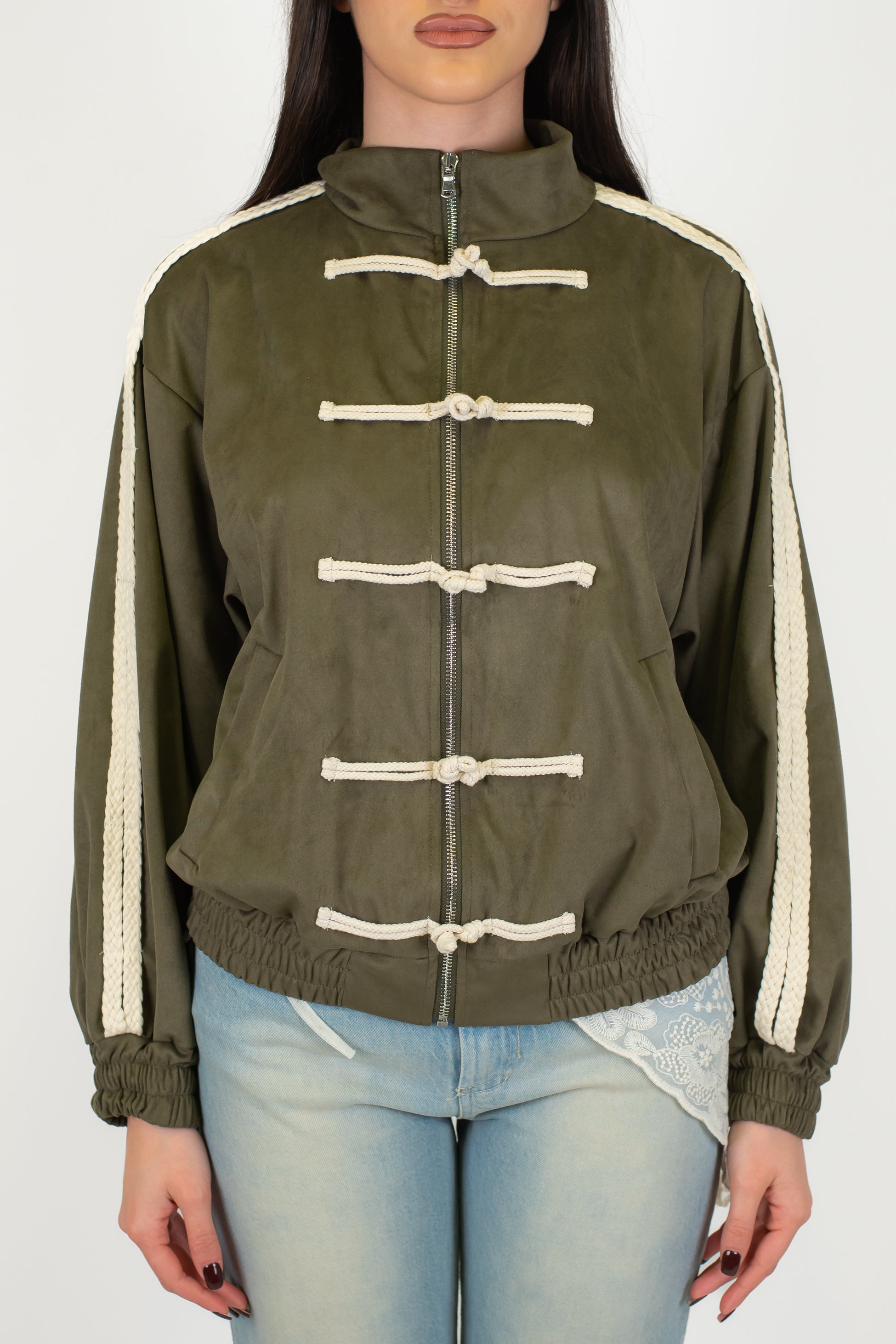 Haveone - Bomber in dainetto con chiusura zip e alamari