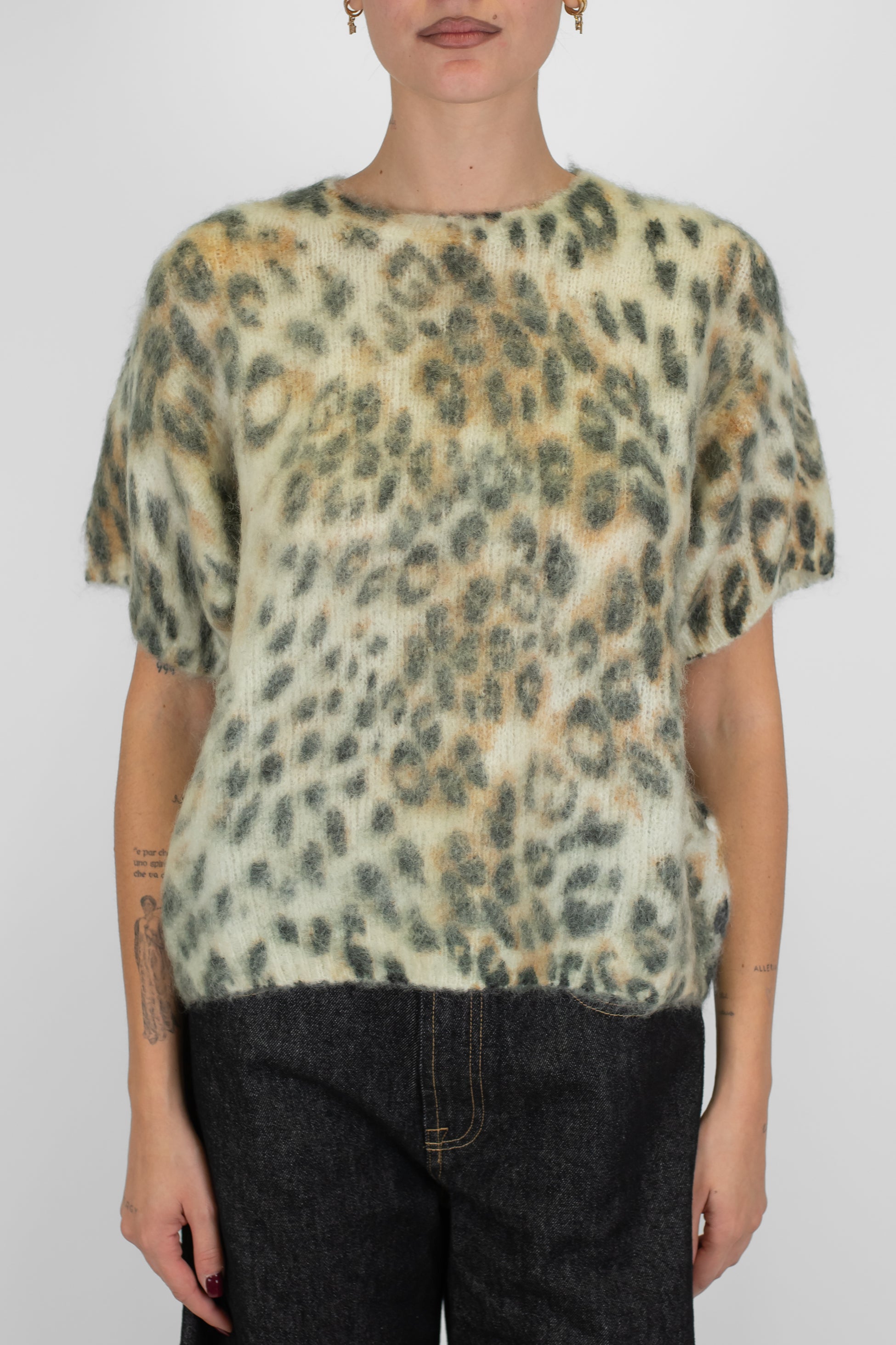 Tensione in - Maglia mezzamanica fantasia animalier maculata in misto lana mohair
