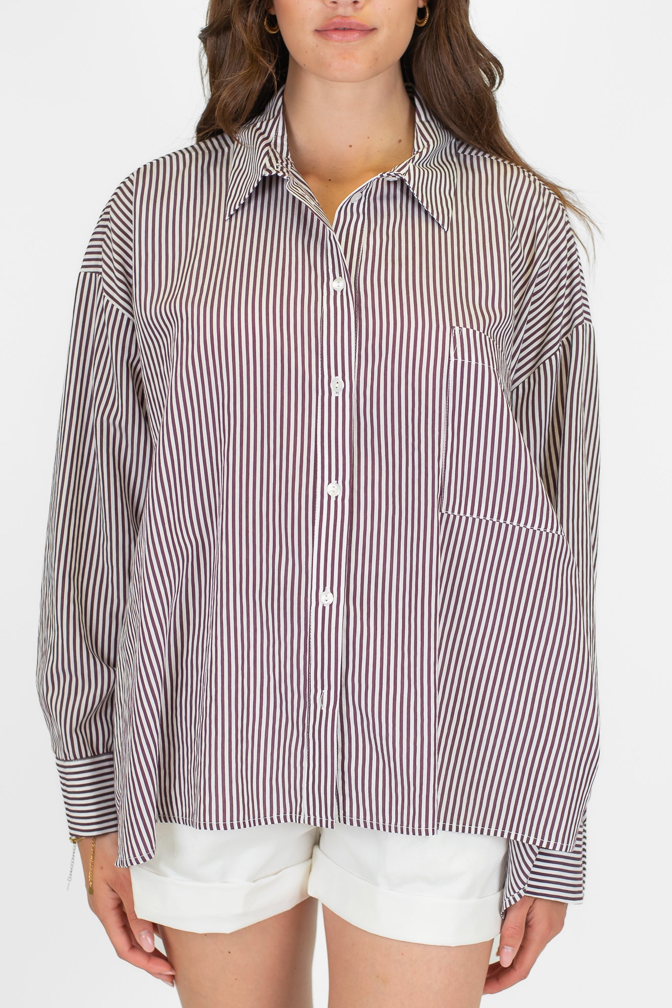 Motel - Camicia over fantasia a righe con tascone e asimmetria fronte-retro