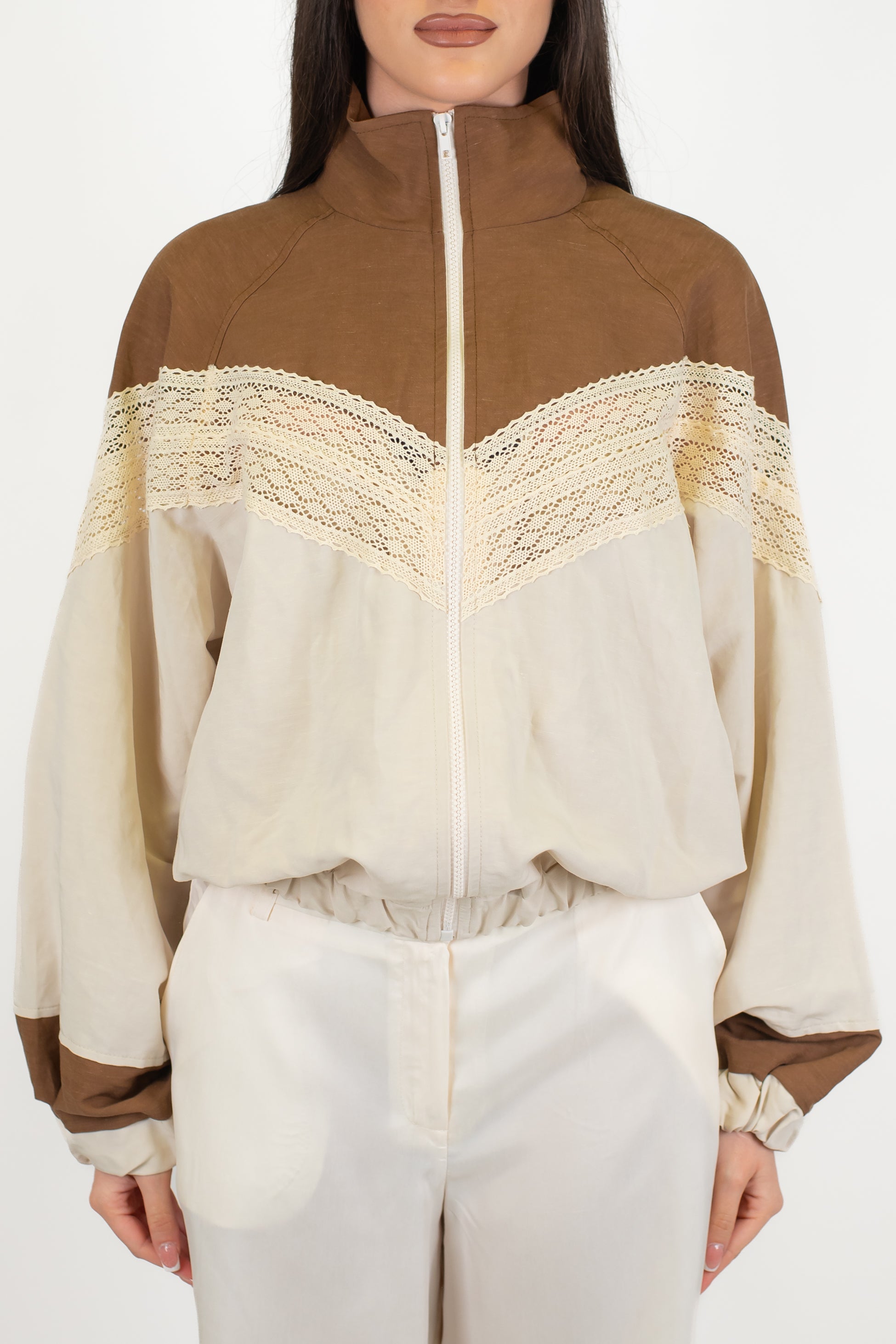 Tensione in - Bomber in misto viscosa e lino con colori a contrasto e dettagli in crochet