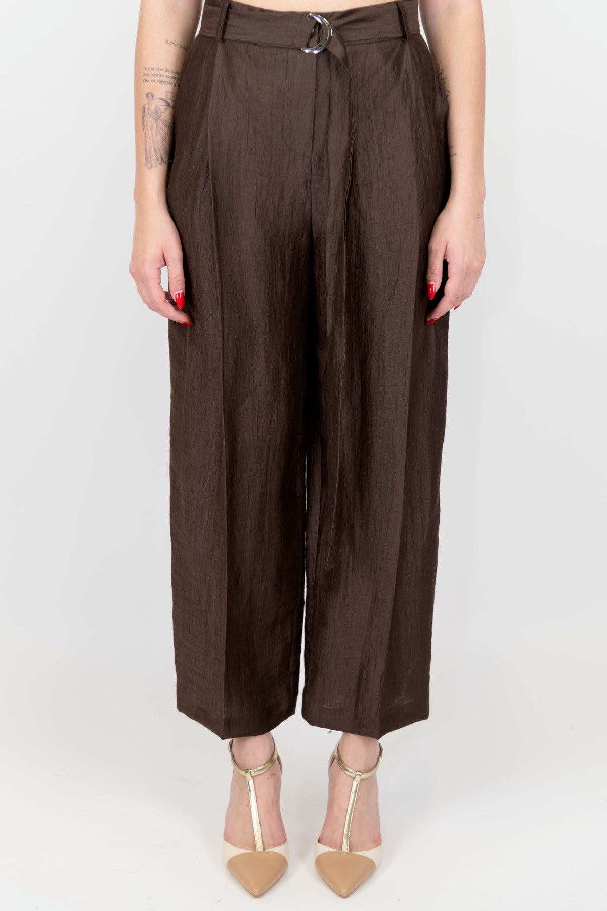 Maryley - Pantalone regular in misto lino con pinces e cintura in tessuto