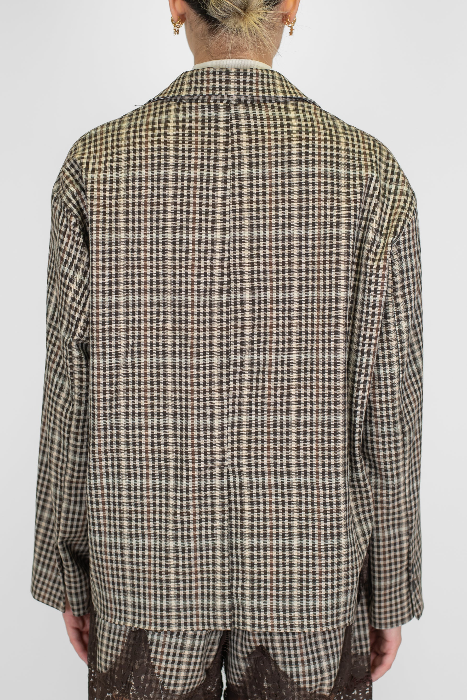 Tensione in - Giacca monopetto crop microfantasia quadri con orli in pizzo