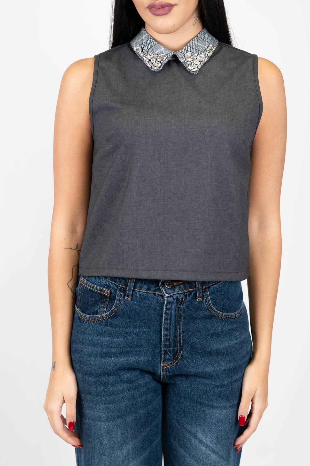 Motel - Top giromaniche con colletto fantasia e strass