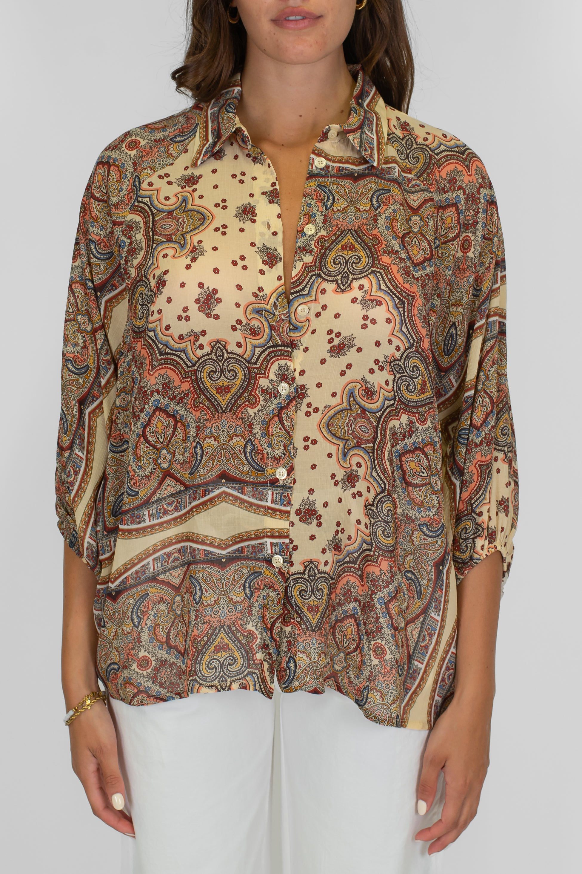 Dixie - Camicia fantasia astratta in viscosa leggera con manica tre quarti