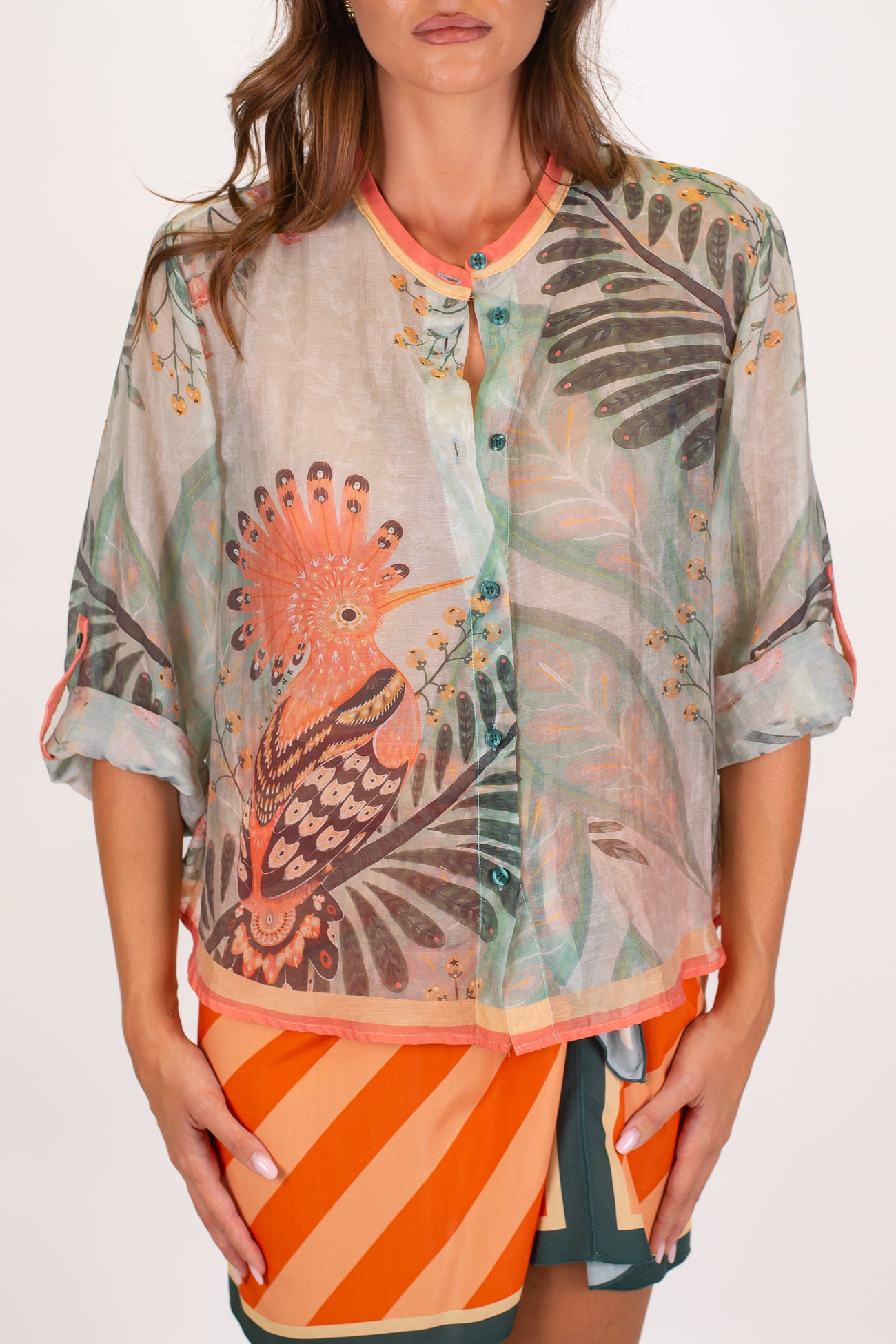 Haveone - Camicia in lyocell fantasia cocorito