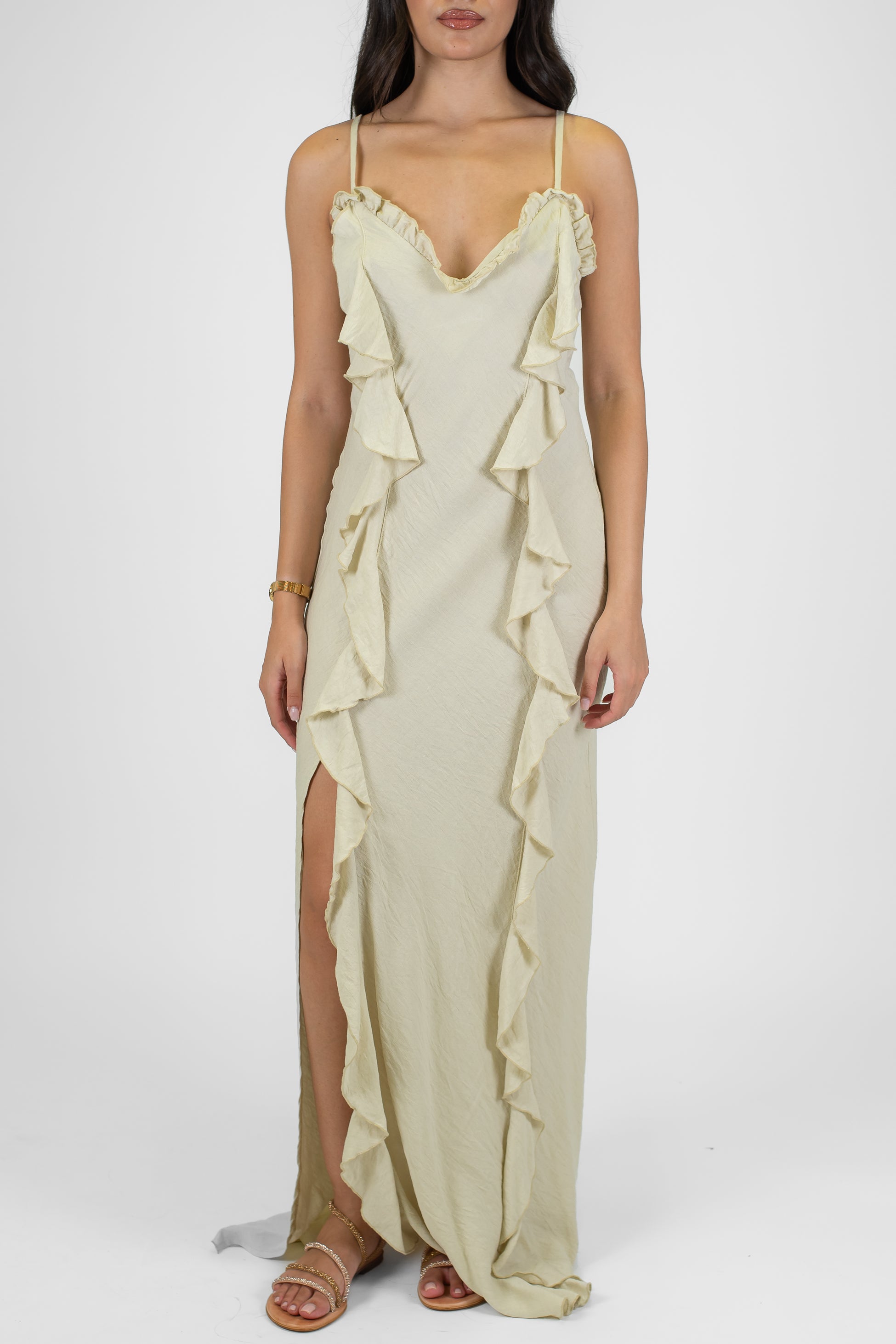 Tensione in - Abito lungo scollo a cuore e rouches in viscosa con spacco laterale