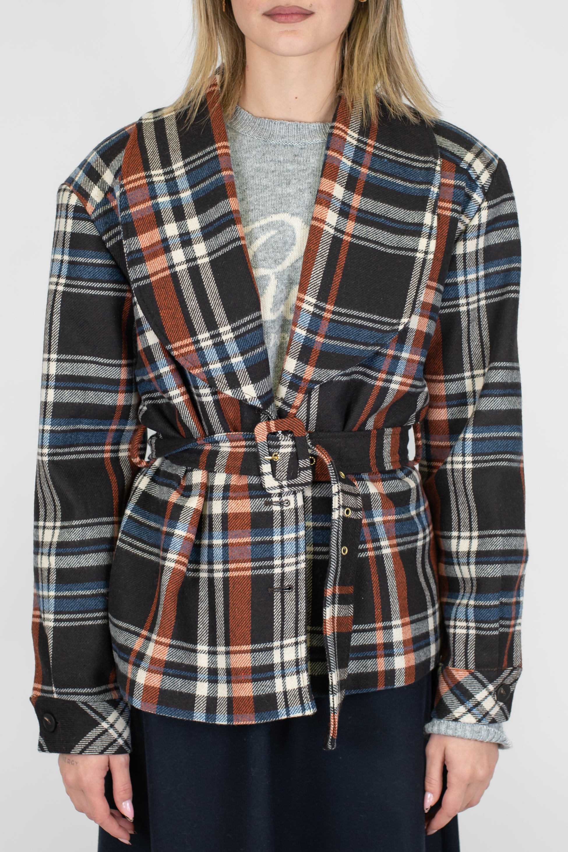 Tensione in - Giacca fantasia quadri in misto lana con cintura in tessuto