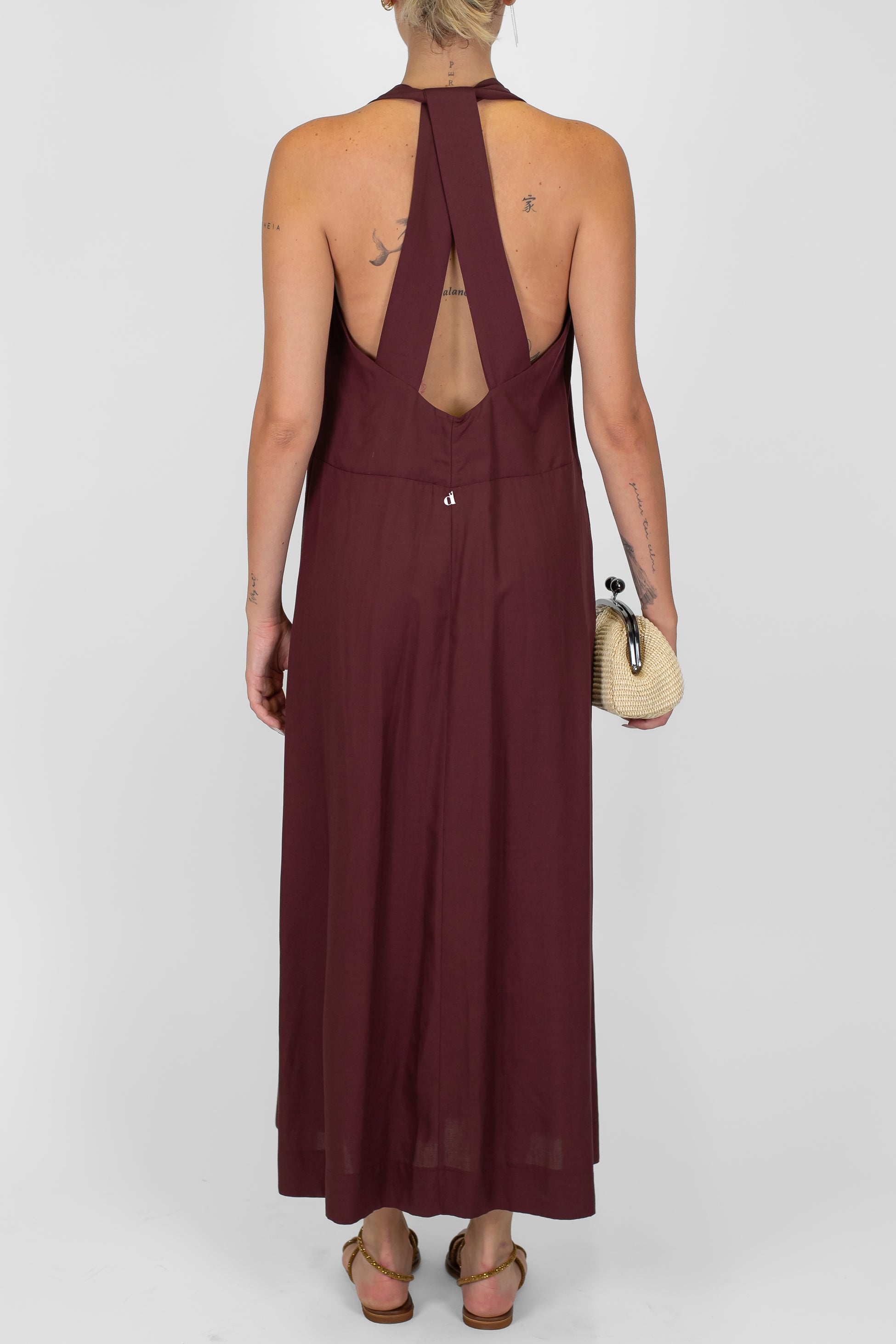 Dixie - Abito lungo giromaniche scollo a V in misto viscosa e lino con scollo sul retro intrecciato