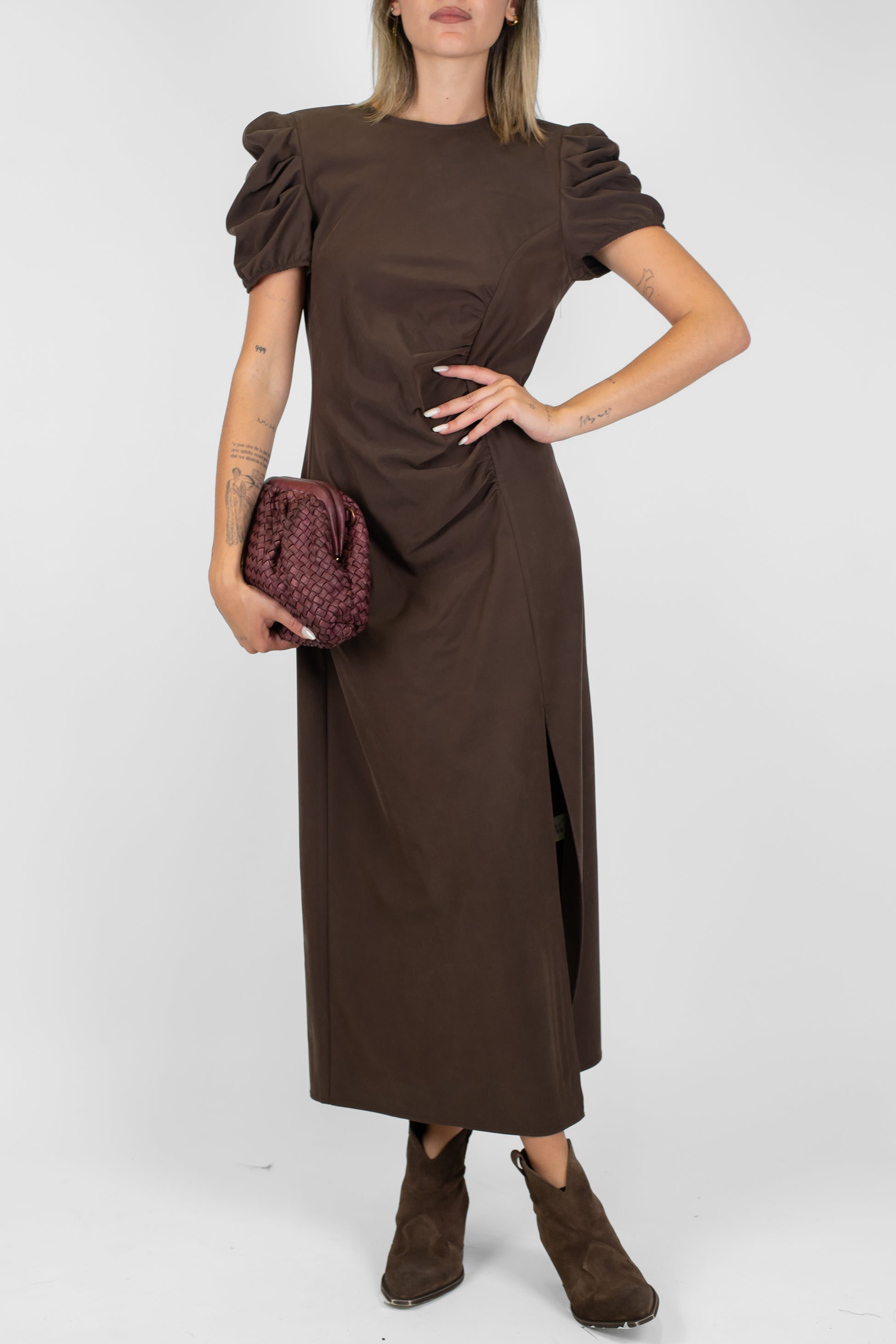 Maryley - Abito lungo in viscosa con drappeggio e manica a sbuffo