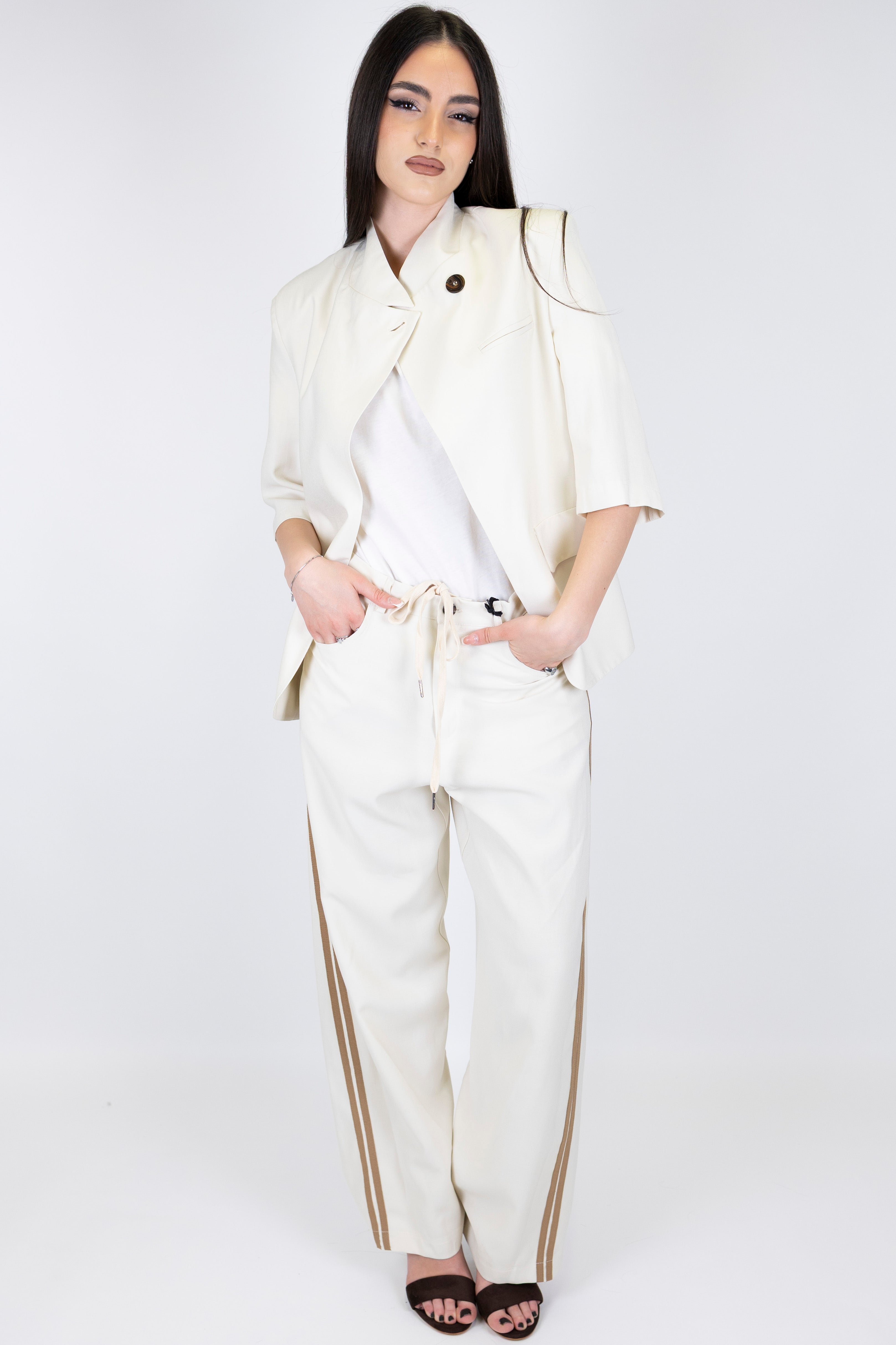 Maryley - Pantalone palazzo in viscosa leggera con coulisse e bande laterali a contrasto