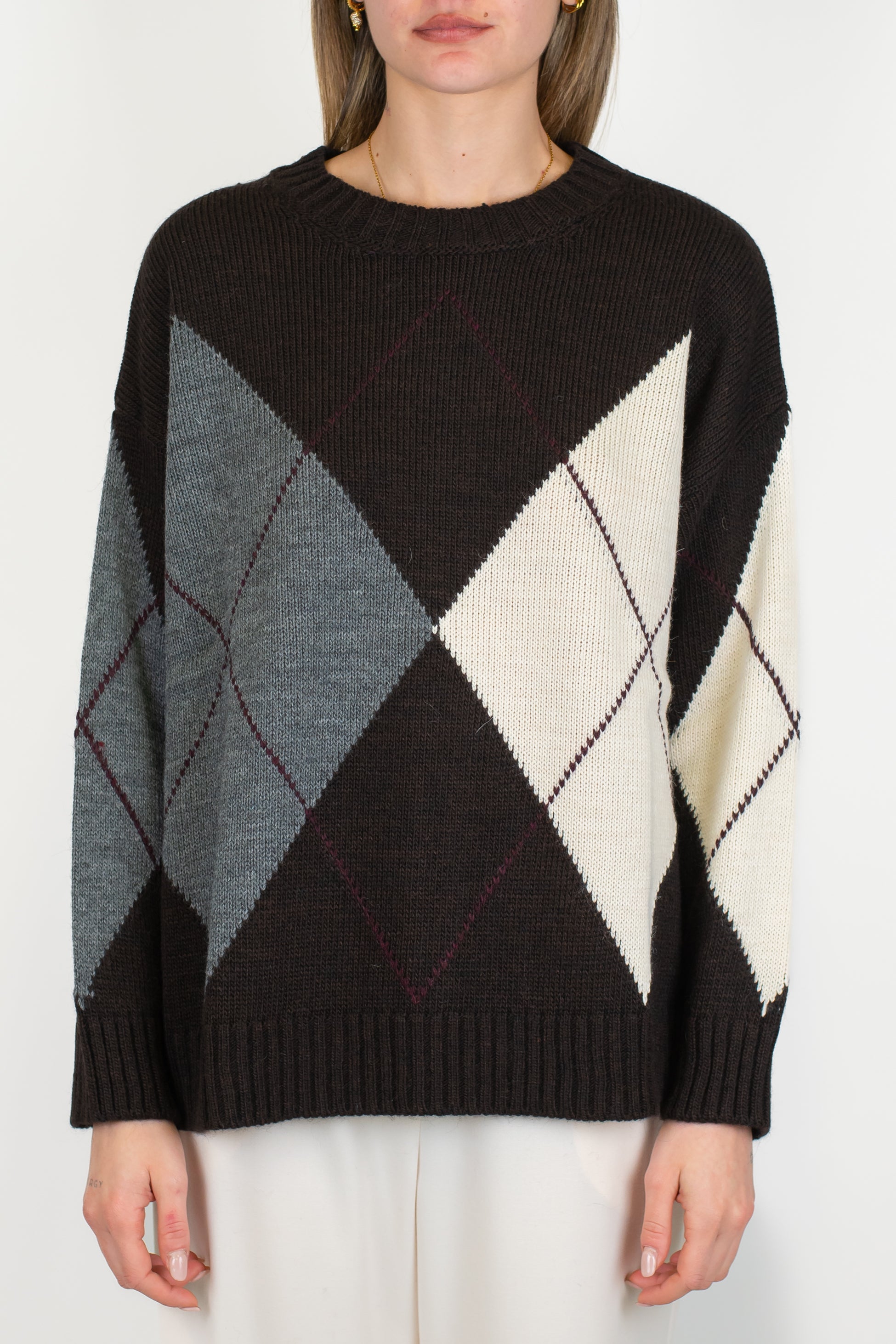 Tensione in - Maglia girocollo over in misto lana fantasia rombi