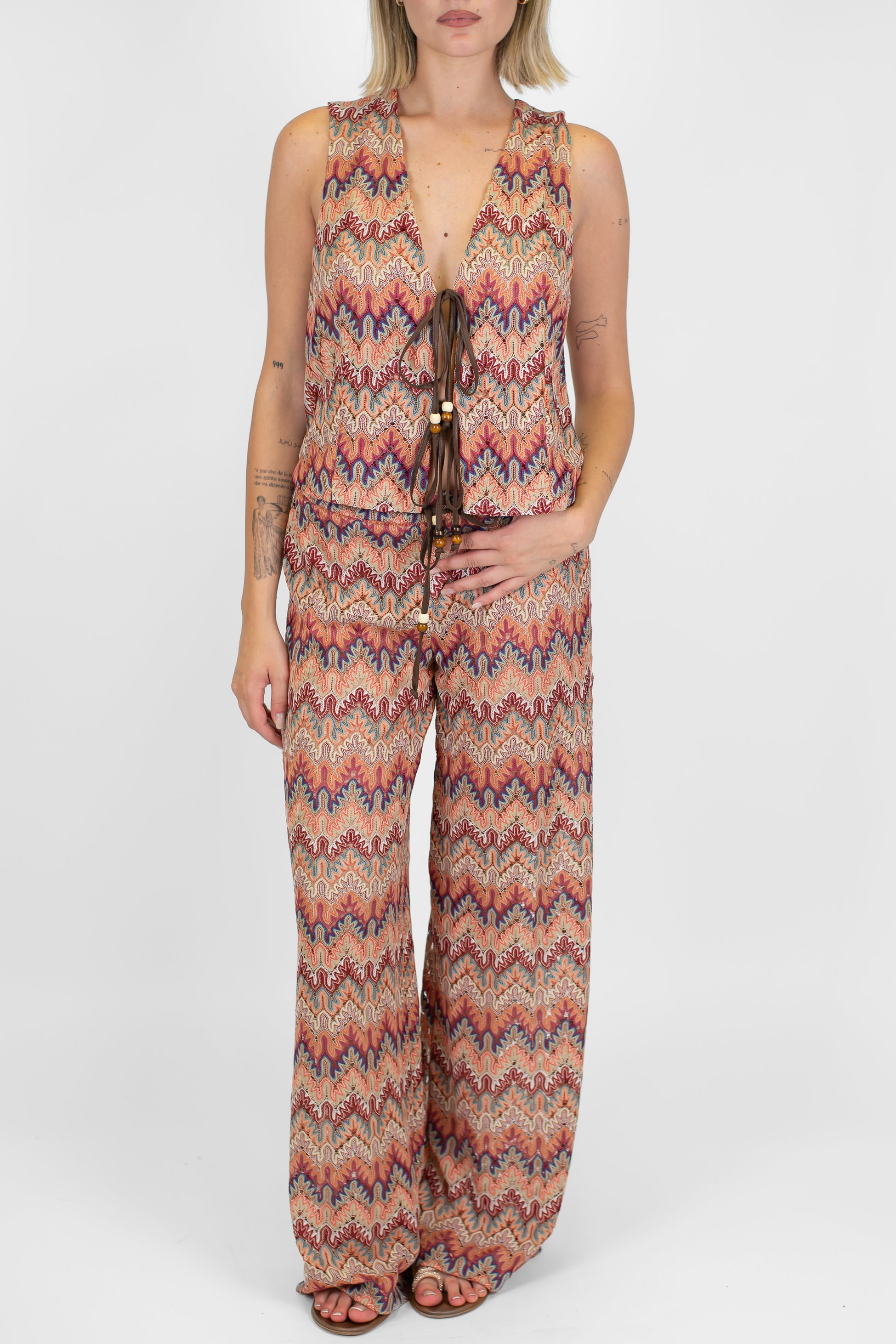 Motel - Pantalone palazzo fantasia zig zag con elastico in vita