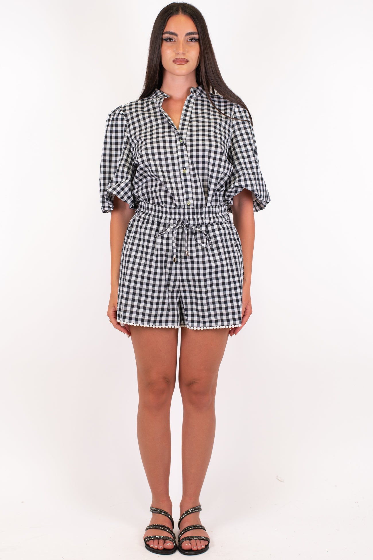 Motel - Coordinato fantasia vichy con camicia mezzamanica e shorts con coulisse