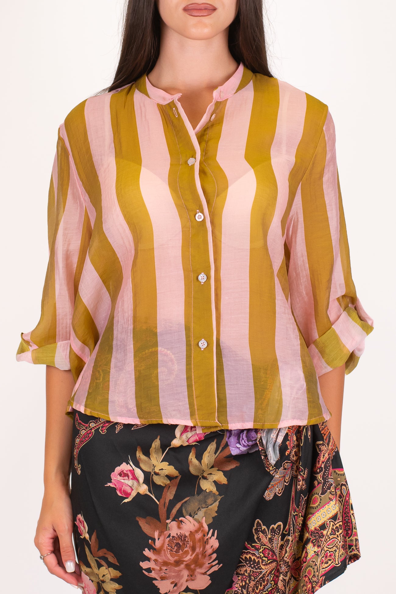 Haveone - Camicia fantasia a righe a contrasto in lyocell con manica tre quarti