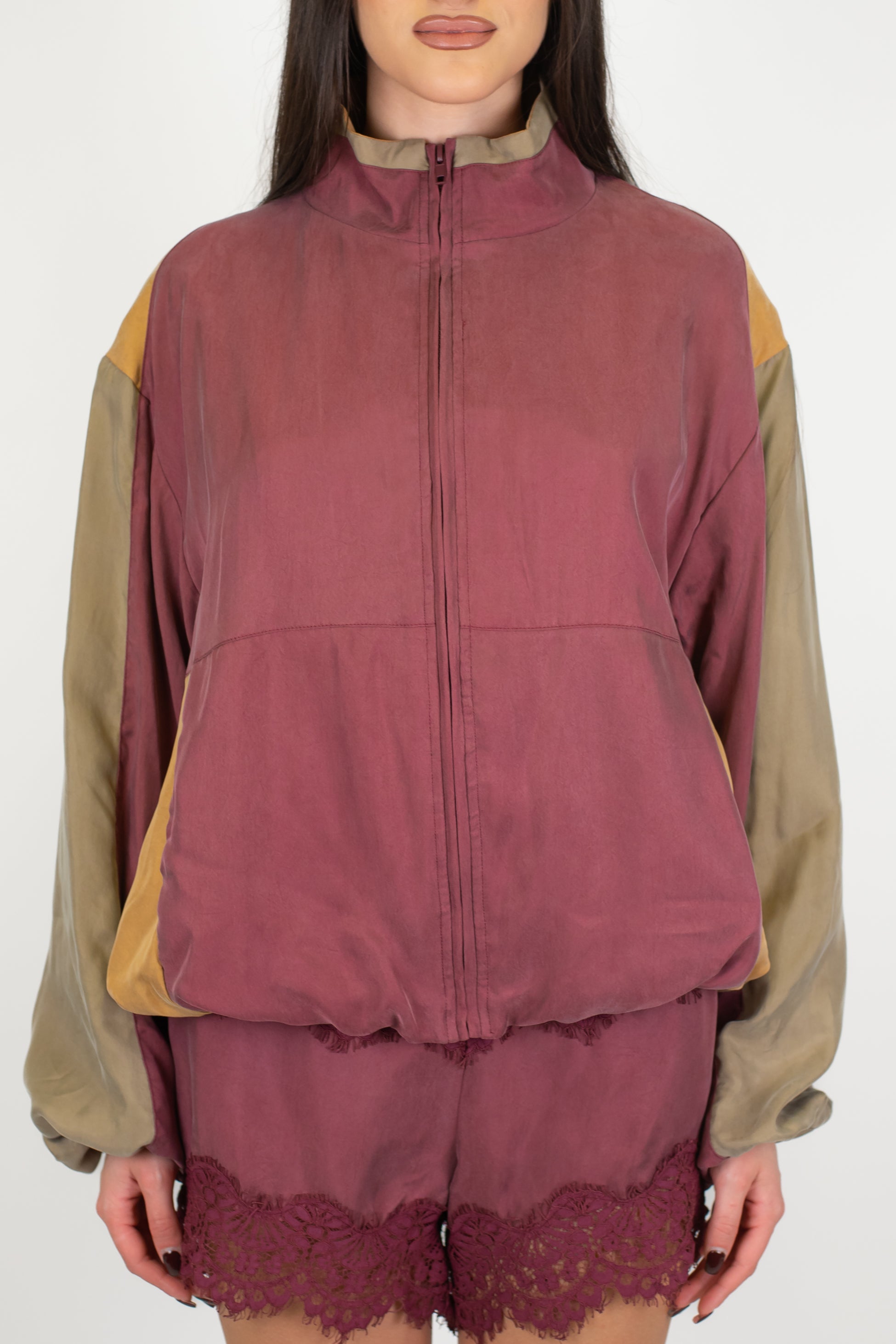 Tensione in - Bomber in cupro con maniche a contrasto ed elastico sul fondo