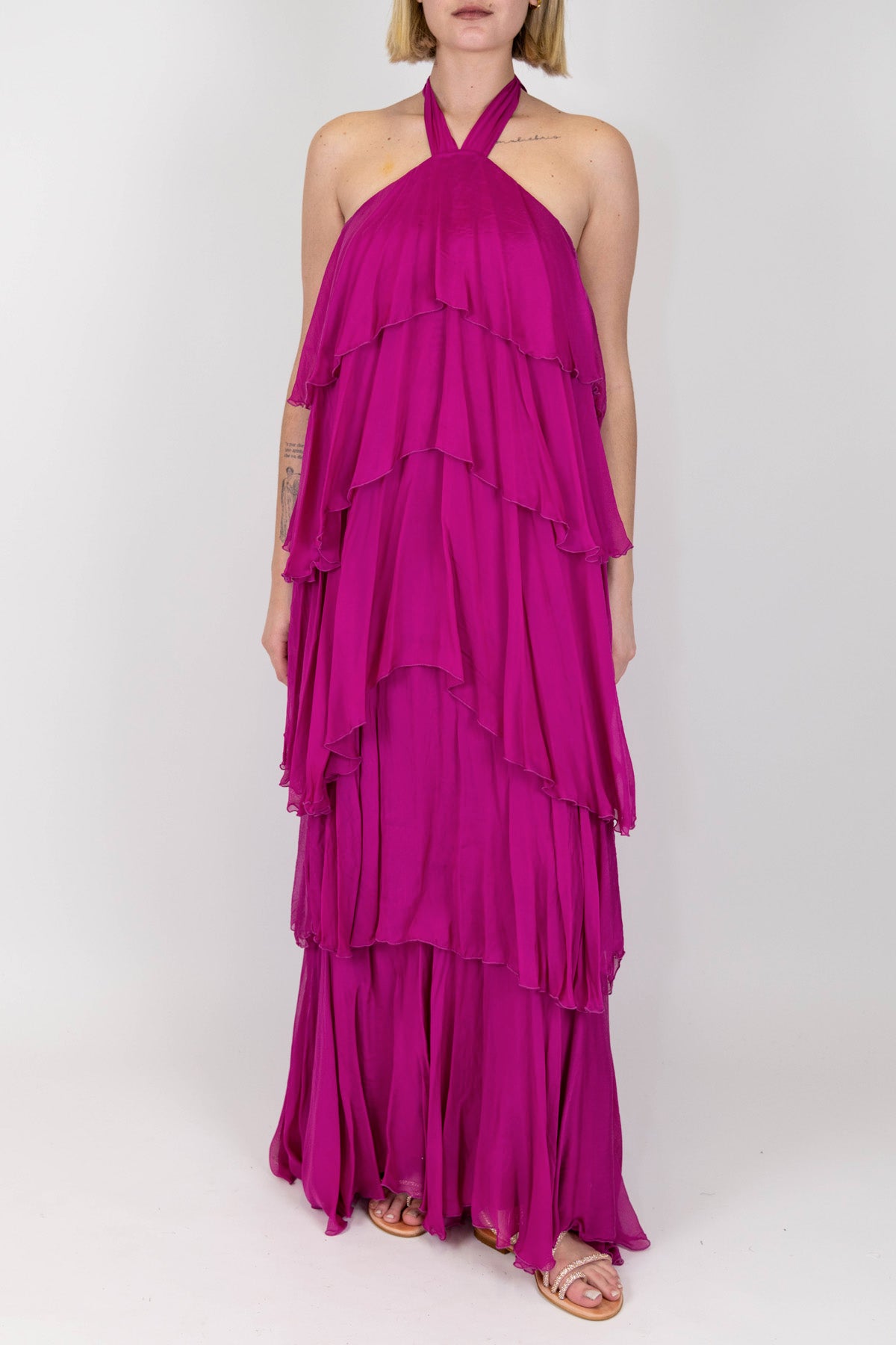 Haveone - Abito lungo in misto seta con allaccio al collo e balze