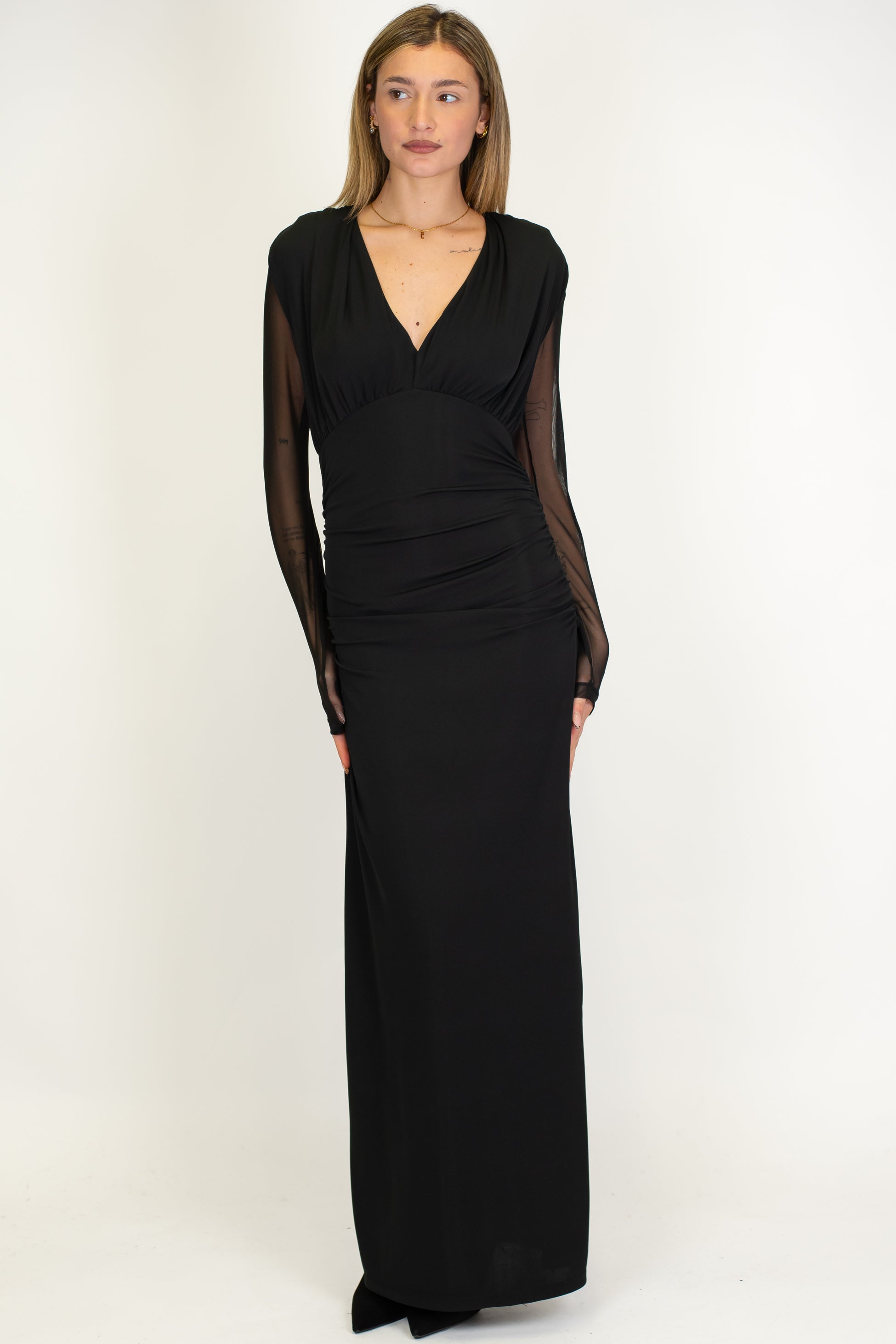 Haveone - Abito lungo scollo a V con maniche in trasparenza e allaccio sul retro