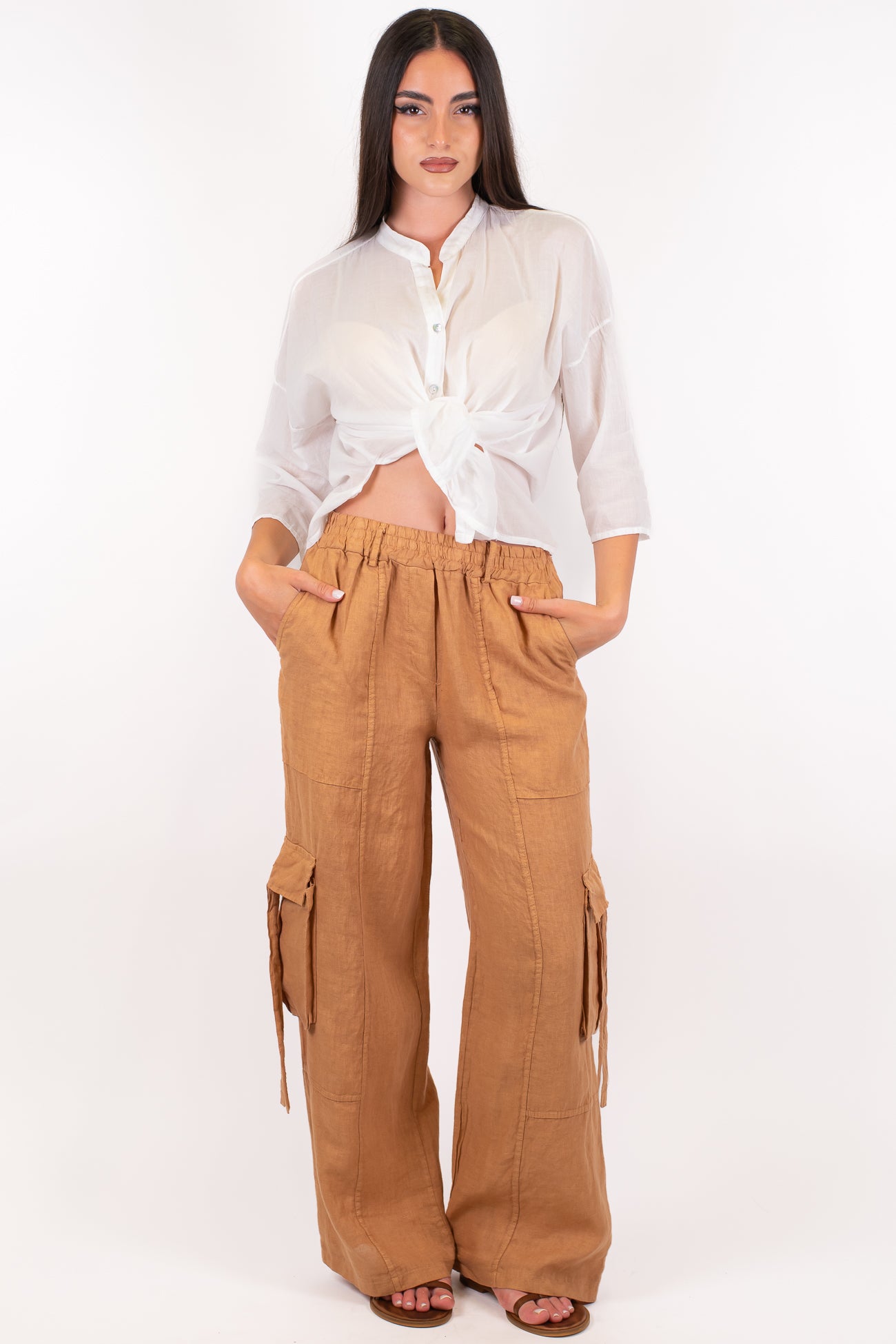Haveone - Pantalone palazzo cargo in puro lino con elastico in vita