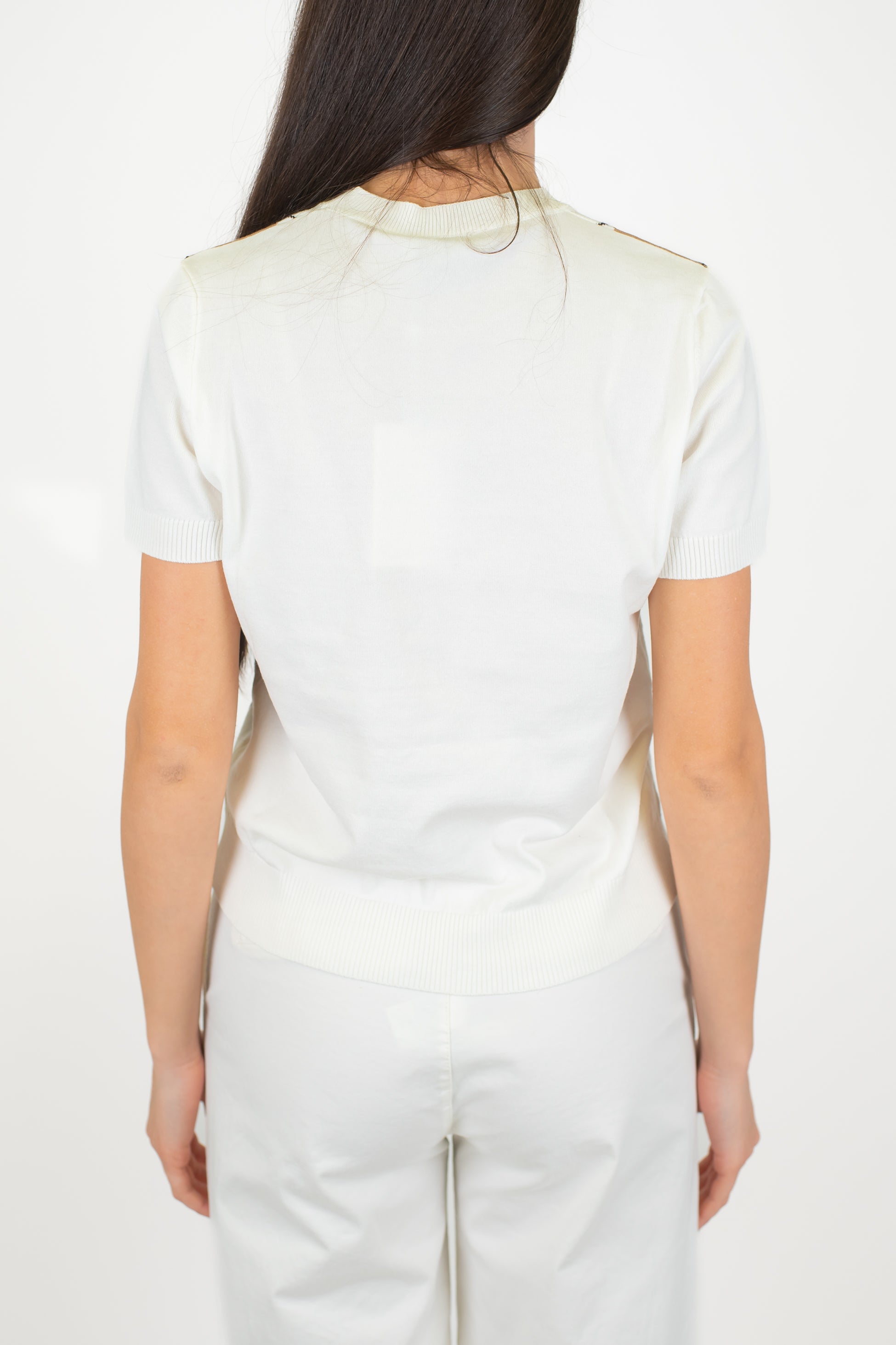 Motel - Maglia mezzamanioca crop fantasia rombi a contrasto in viscosa leggera