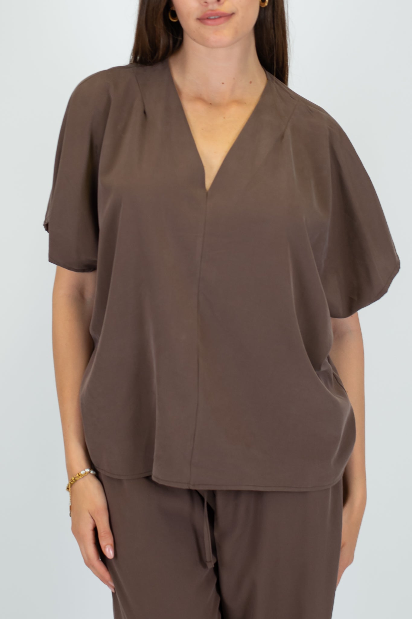 Haveone - Coordinato blusa scollo V e pantalone palazzo in cupro