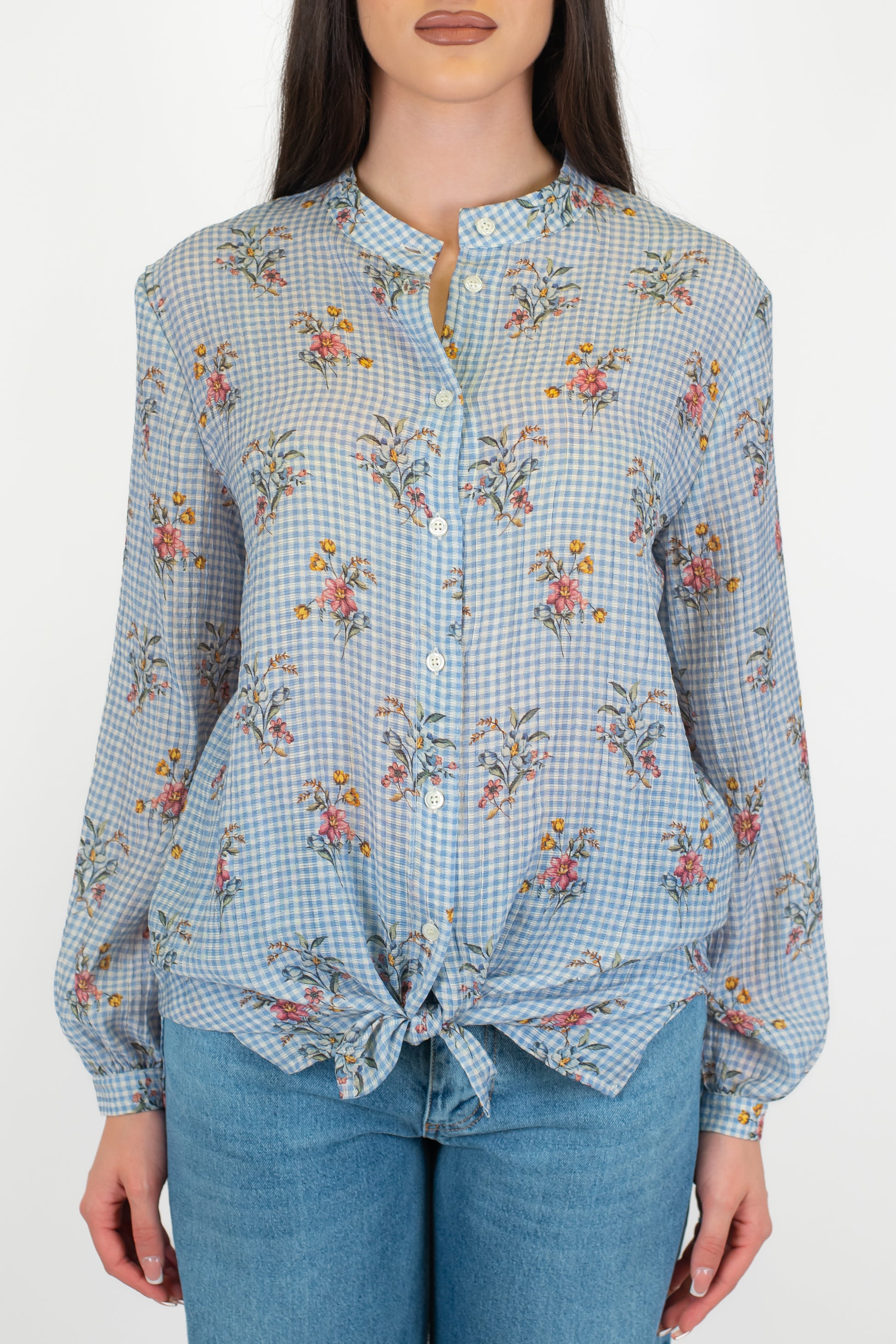 Dixie - Camicia fantasia vichy con dettagli floreali e collo coreano