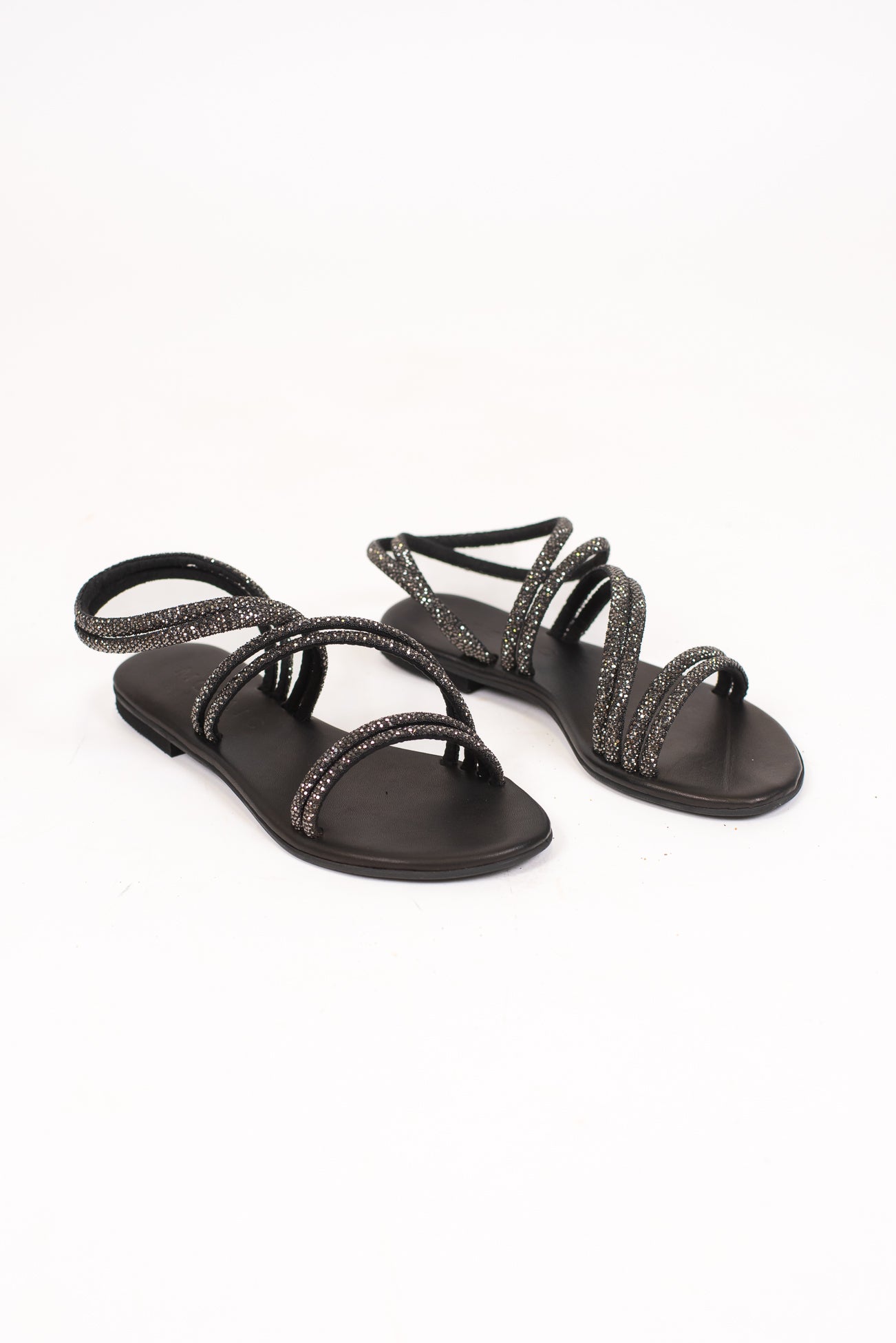 Mosaic - Sandalo doppia fascia con strass e sottopiede in pelle nero