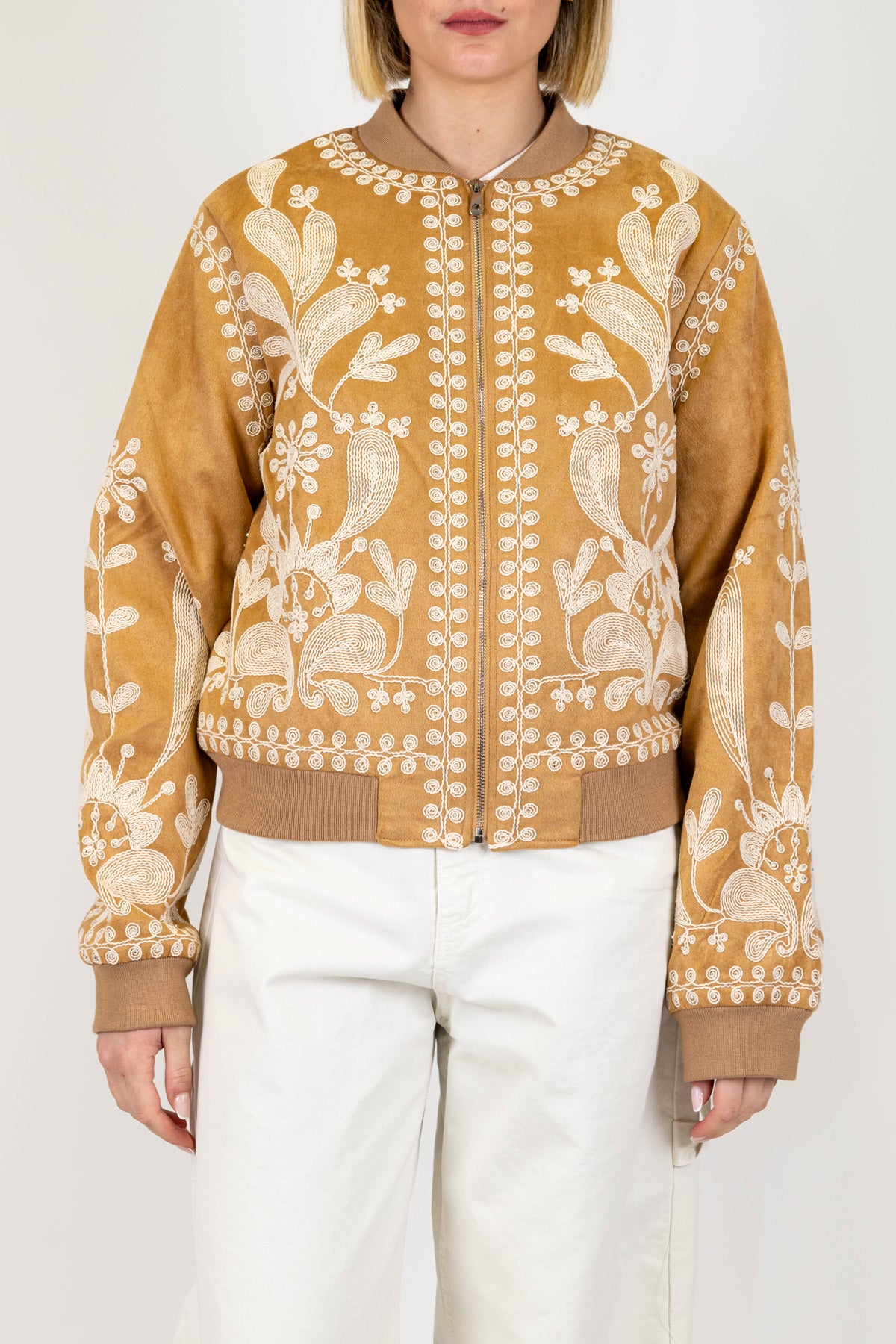 Haveone - Bomber in dainetto con ricami floreali