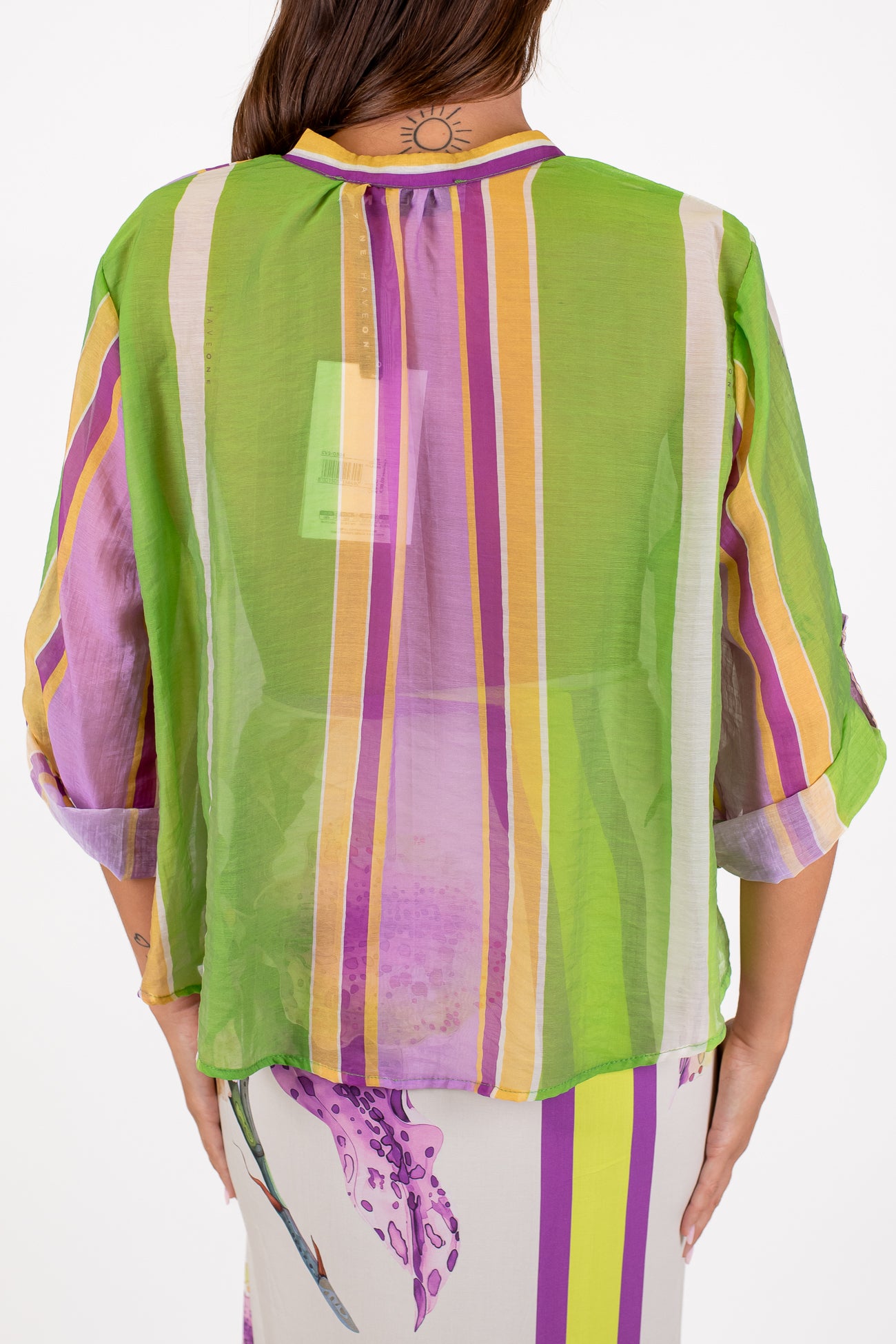 Haveone - Camicia fantasia a righe multicolor in lyocell con collo coreano